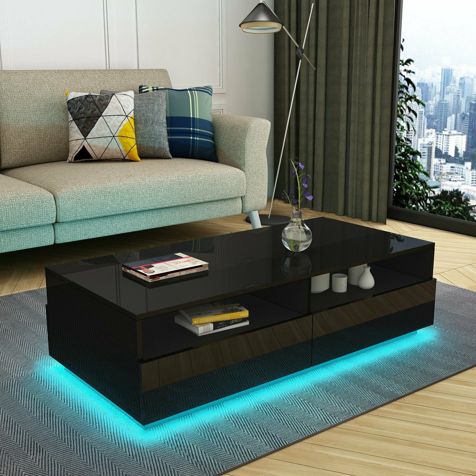 Preferred Coffee Tables With Drawers And Led Lights For Led Rectangular Coffee Table Tea Modern Living Room Furniture Black (View 13 of 15)