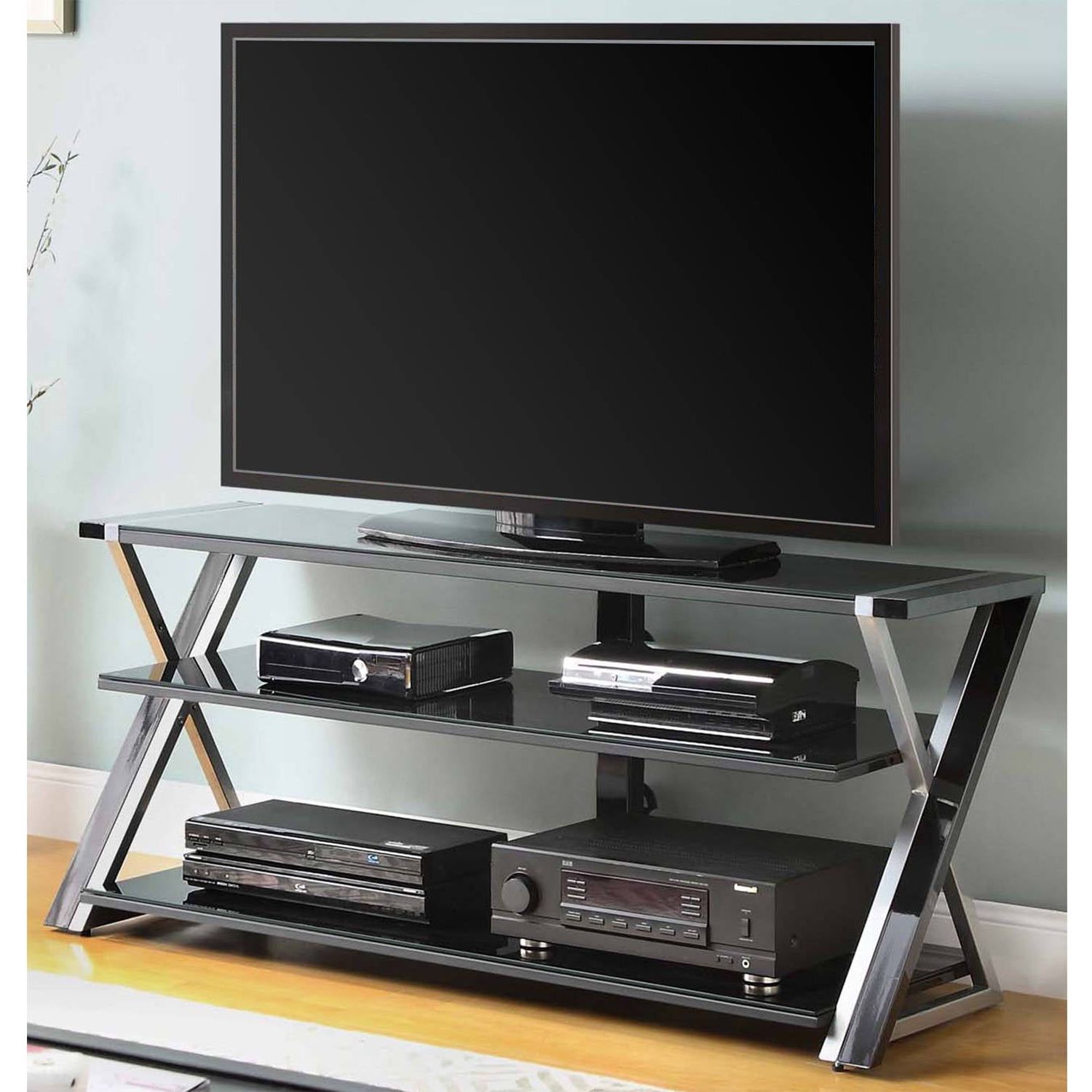 Preferred Glass Shelves Tv Stands With Whalen Furniture Black Tv Stand For 65" Flat Panel Tvs With Tempered (Photo 5 of 15)