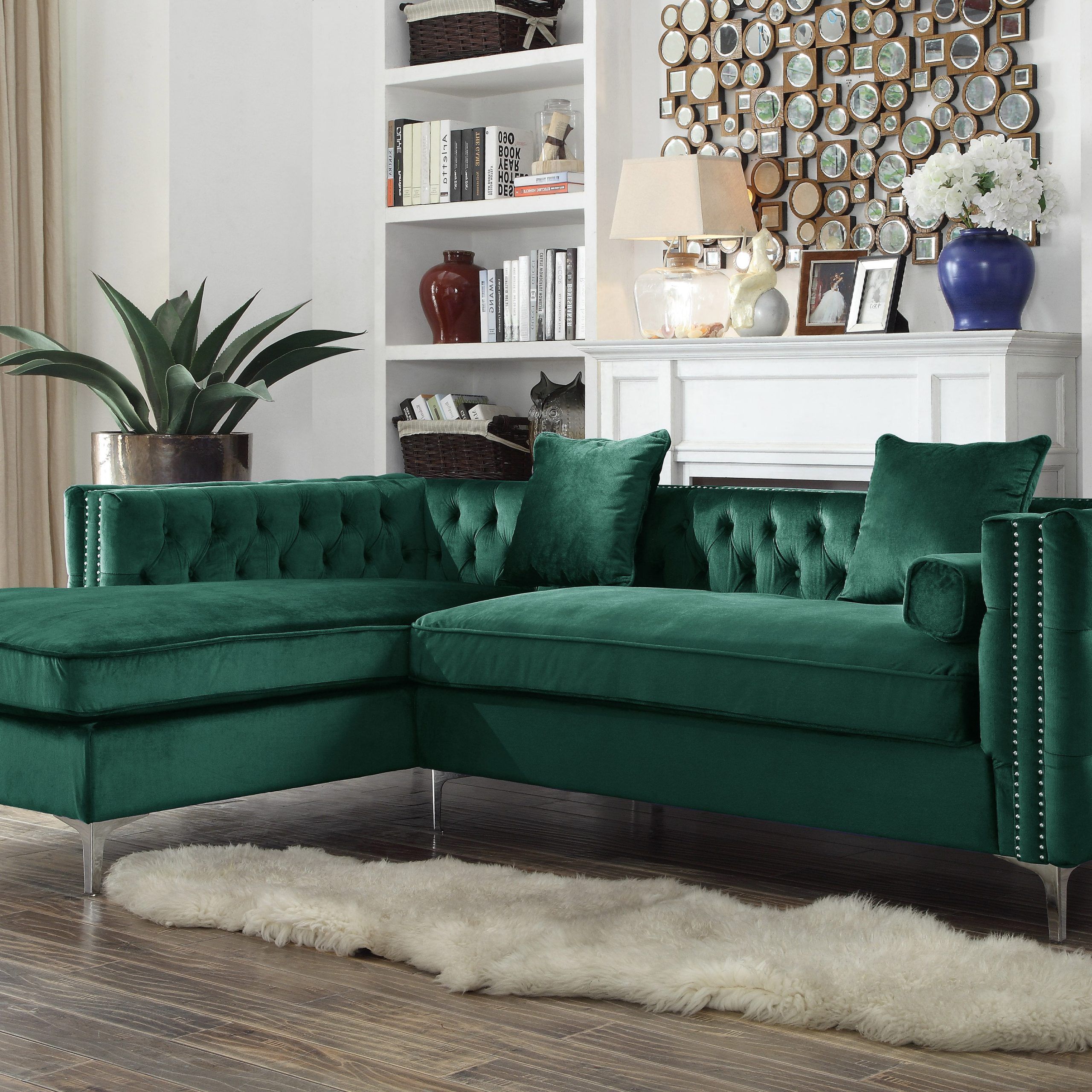 Preferred Green Velvet Modular Sectionals Intended For Chic Home Monet Velvet Modern Contemporary Button Tufted With Silver (Photo 13 of 15)