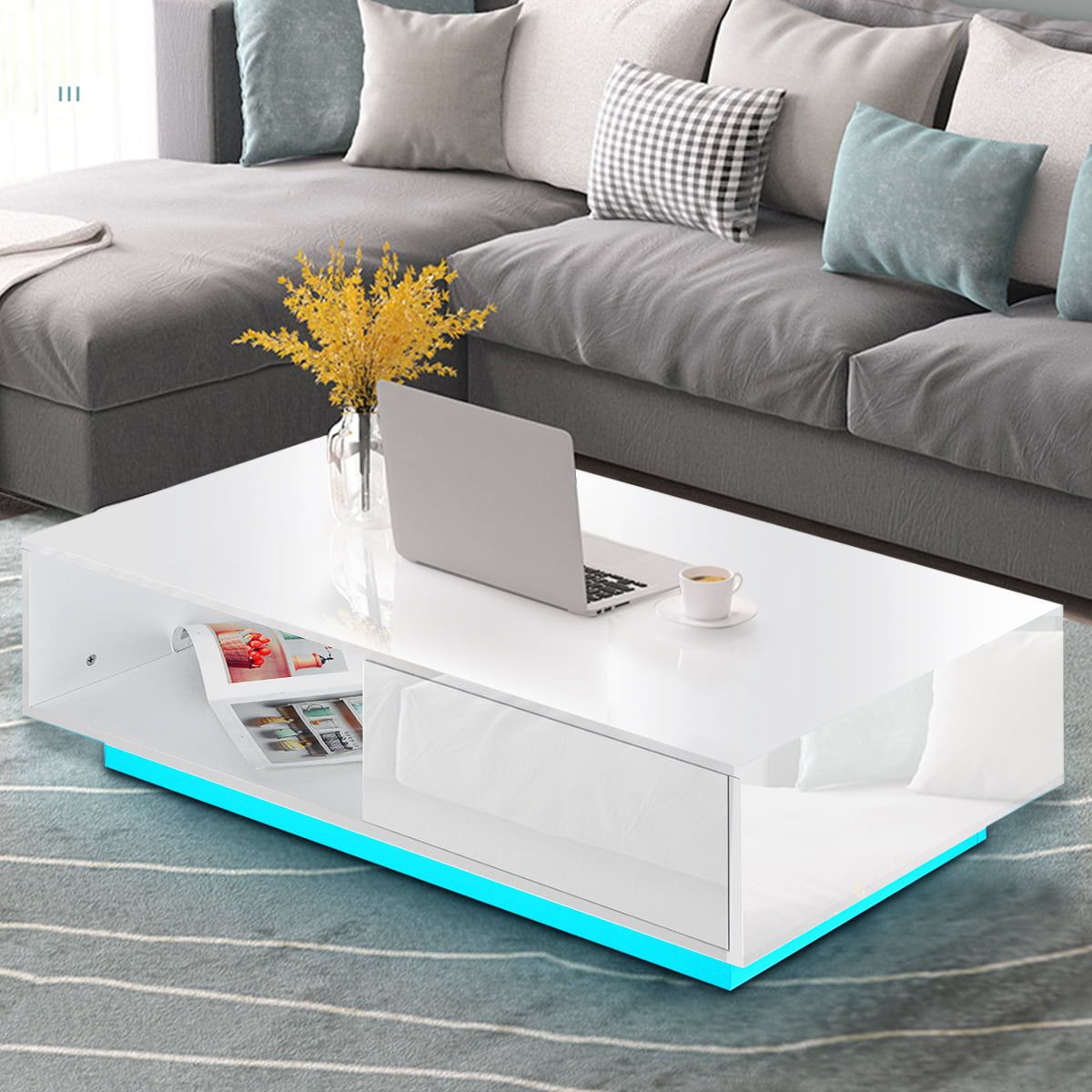 Preferred High Gloss Rgb Led Coffee Table With 2 Drawer Storage Modern Sofa Side Throughout Coffee Tables With Drawers And Led Lights (View 2 of 15)