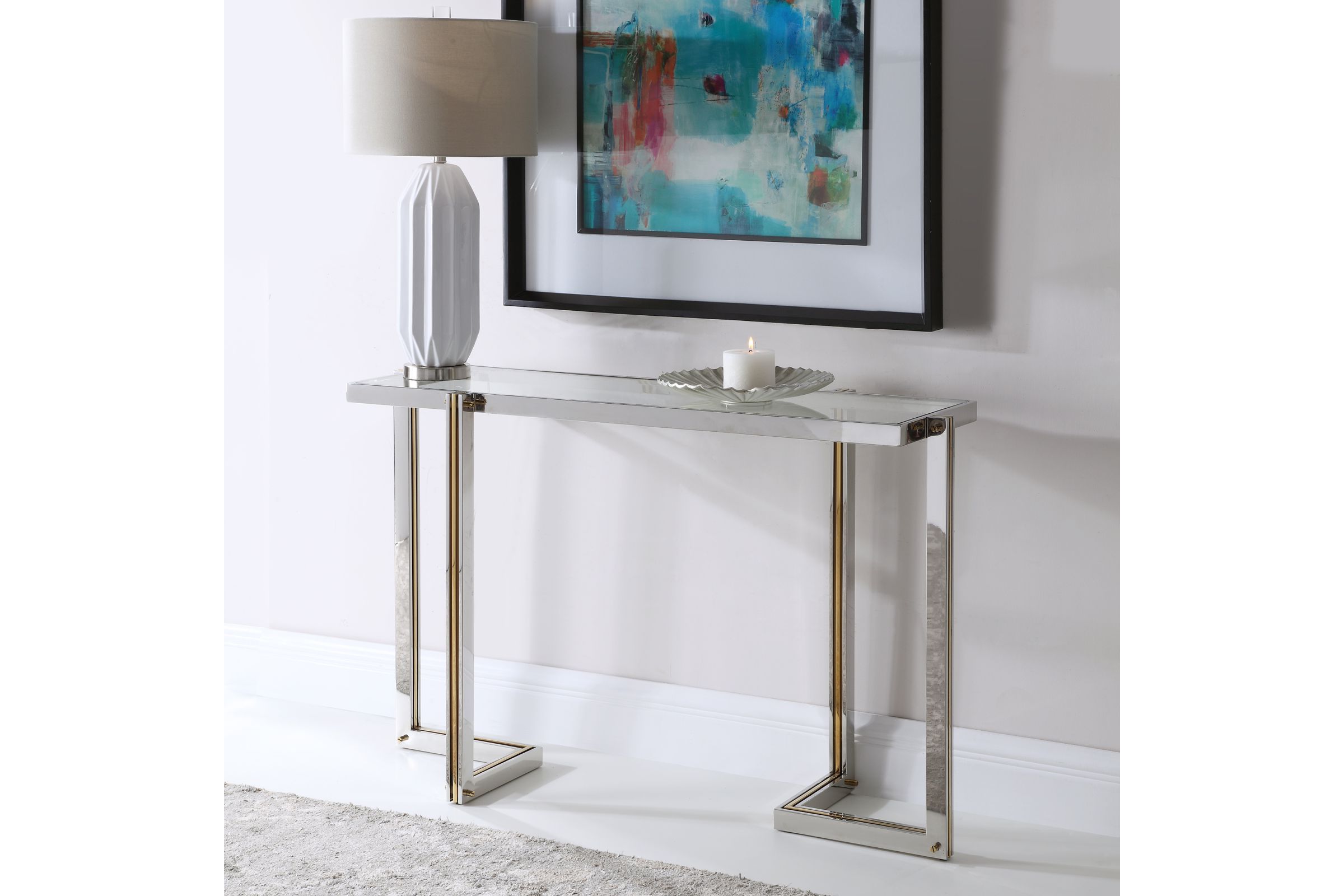Preferred Modern Glam Console Features An Asymmetrical Dual Toned Stainless Steel Throughout Asymmetrical Console Table Book Stands (View 14 of 15)