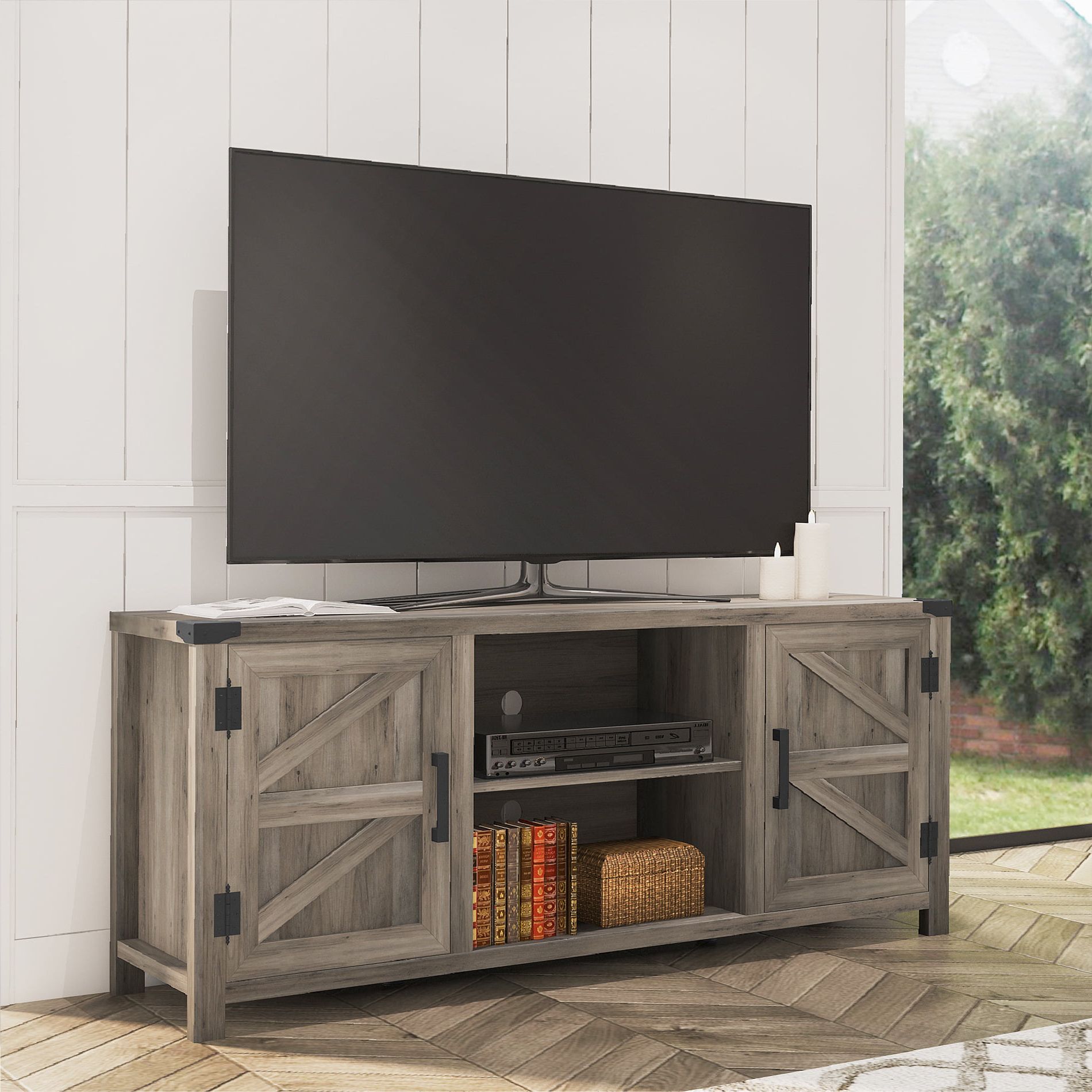 Recent Farmhouse Media Entertainment Centers Intended For Fitueyes Farmhouse Barn Door Wood Tv Stands For 70'' Flat Screen, Media (View 7 of 15)