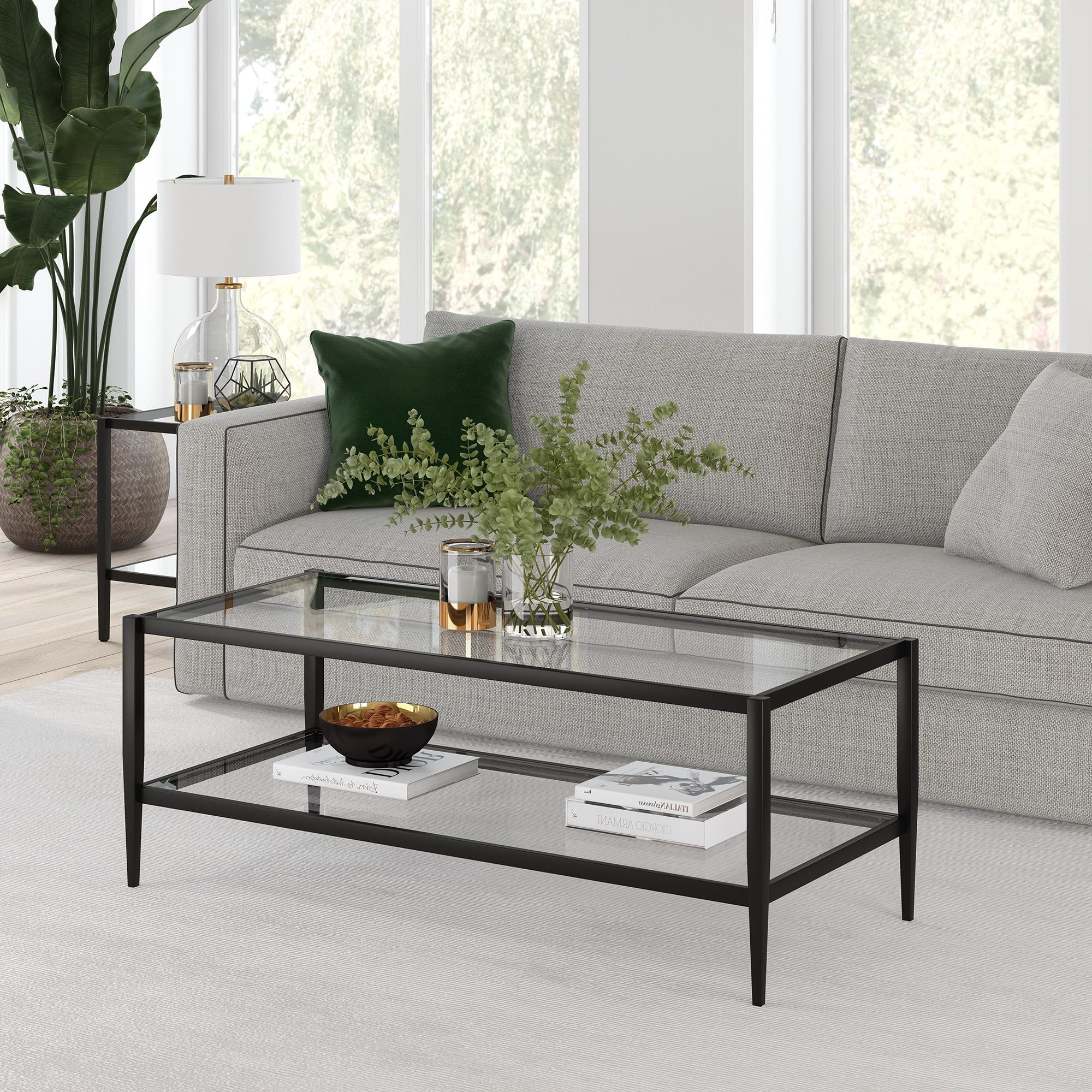 Recent Rectangular Coffee Tables With Pedestal Bases Regarding Modern Glass Coffee Table, Rectangular Cocktail Table In Blackened (View 8 of 15)