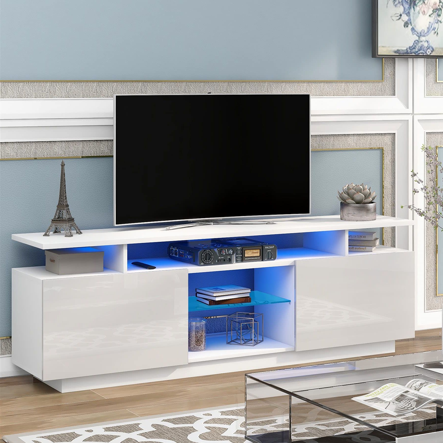 Rgb Tv Entertainment Centers Regarding Best And Newest Buy Ssline Modern White Tv Stand With Rgb Led Light Wood Television (Photo 7 of 15)