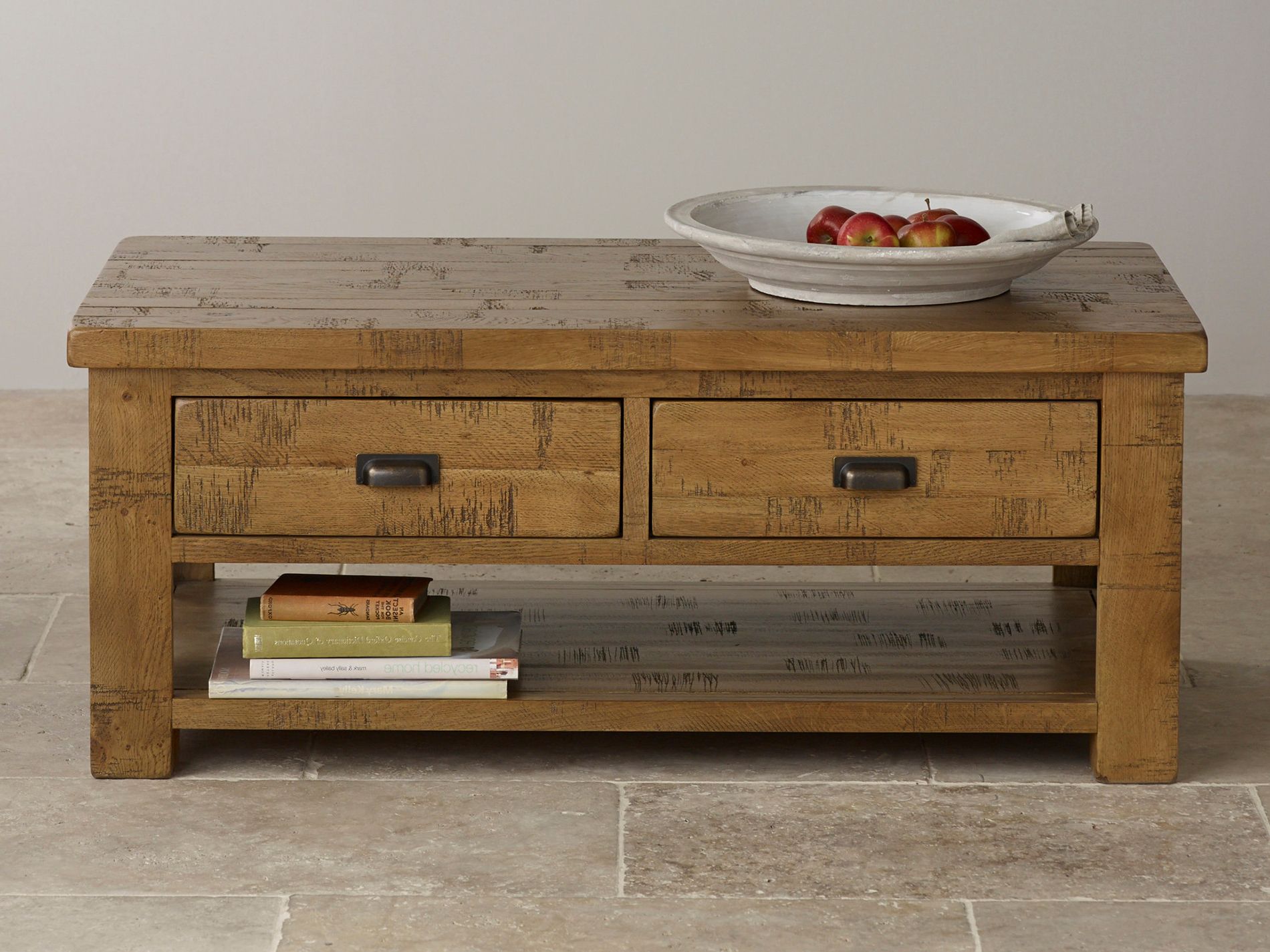 Ripley Rough Sawn Solid Oak 4 Drawer Storage Coffee Table Intended For Famous Freestanding Tables With Drawers (Photo 14 of 15)