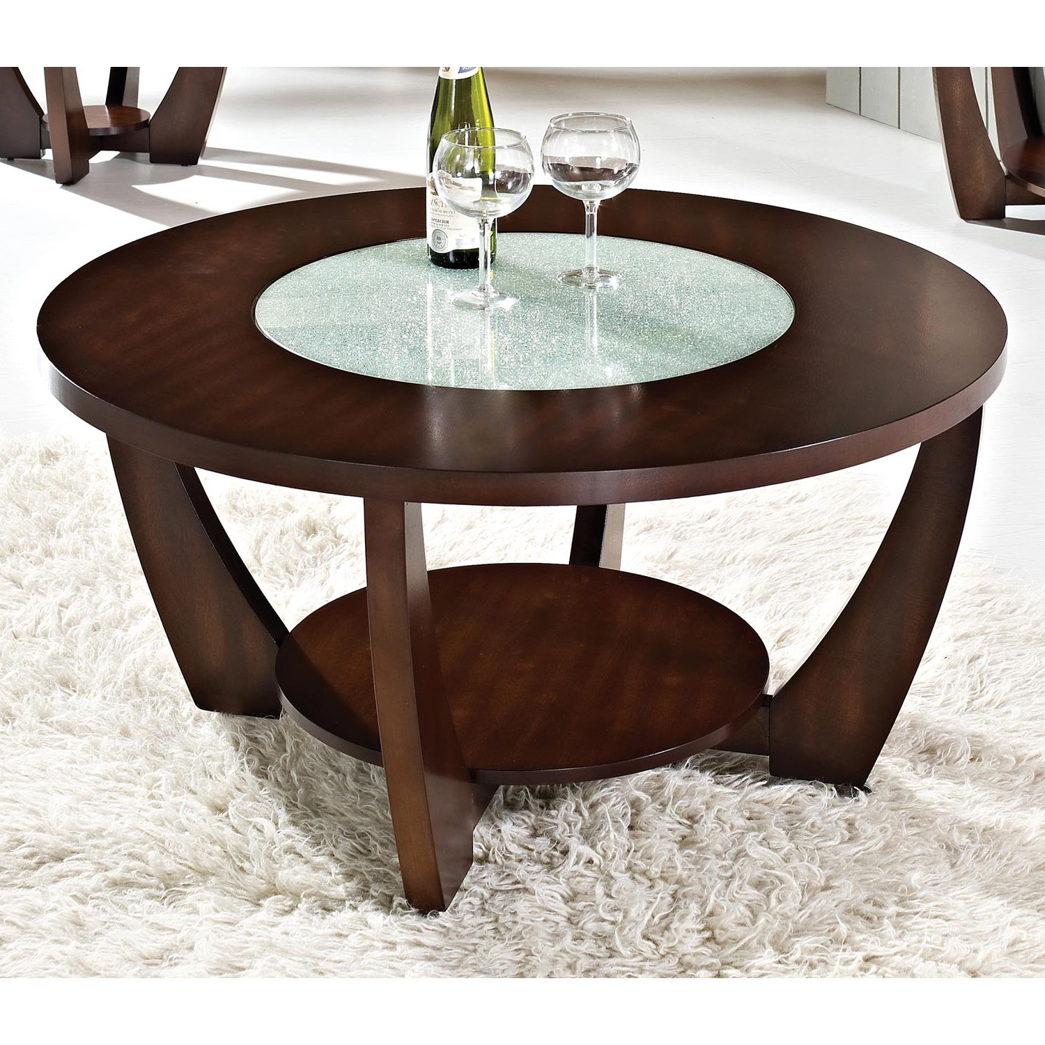 Round Coffee Tables Within Most Recent Rafael Round Coffee Table – Crackled Glass, Dark Cherry Wood (Photo 13 of 15)