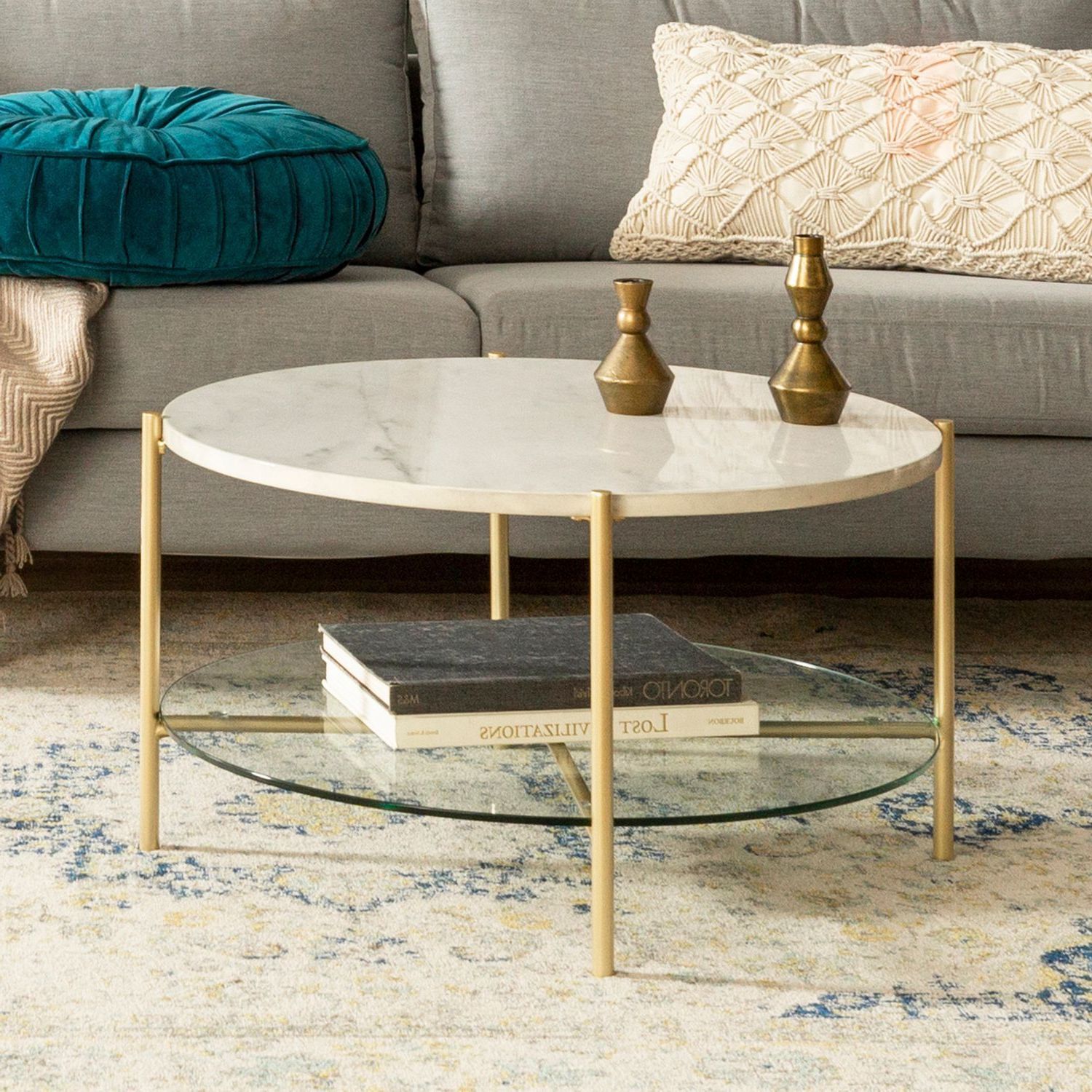 Round White Faux Marble & Gold Coffee Table With Glass Shelf (View 5 of 15)
