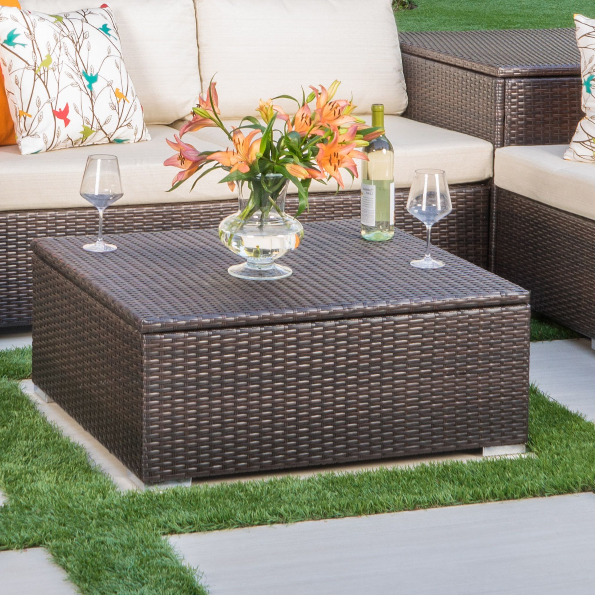 San Louis Obispo Outdoor Wicker Storage Coffee Table Coffee Table Cover Throughout Most Current Outdoor Coffee Tables With Storage (Photo 1 of 15)