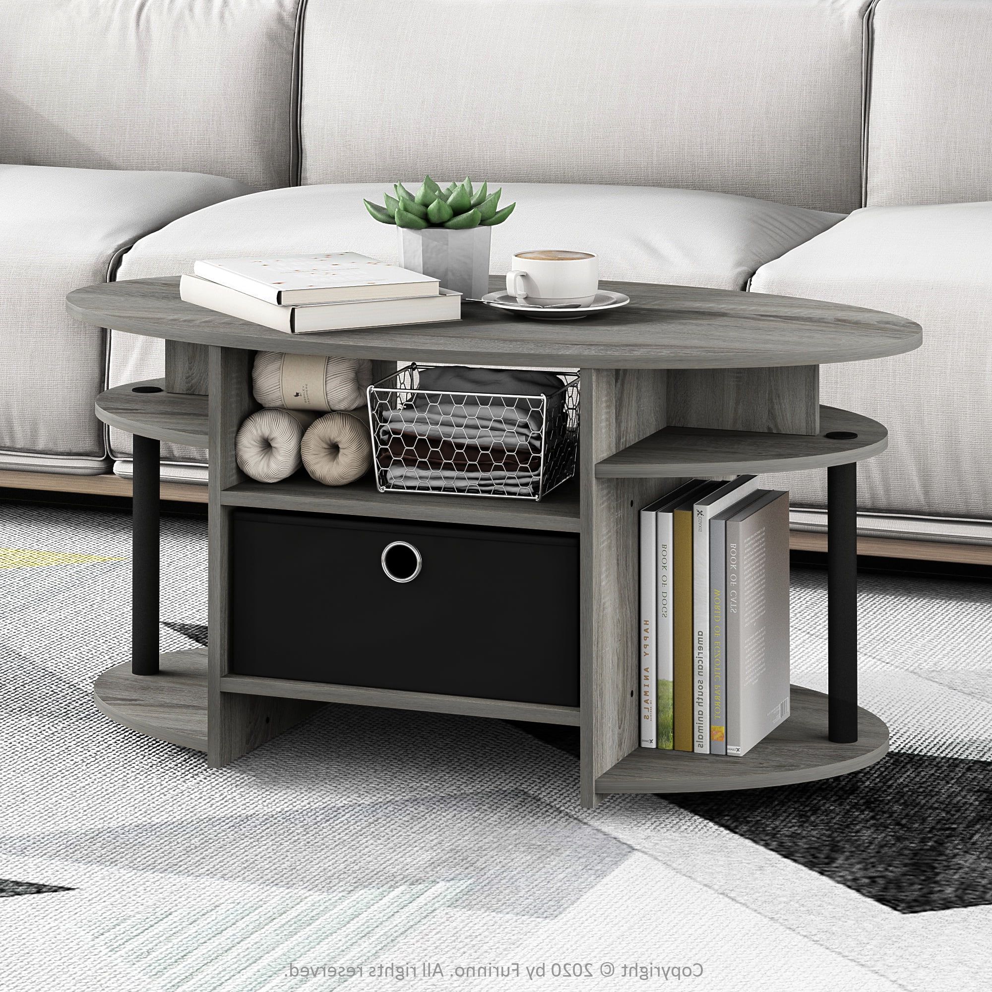 Simple Design Coffee Tables With Regard To Current Furinno Jaya Simple Design Oval Coffee Table With Bin, French Oak Grey (View 8 of 15)
