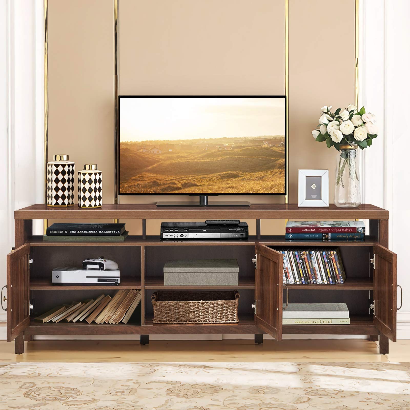 Tangkula Rattan Tv Stand For Tvs Up To 65 Inches, Farmhouse Boho Wood In Fashionable Farmhouse Rattan Tv Stands (View 5 of 15)