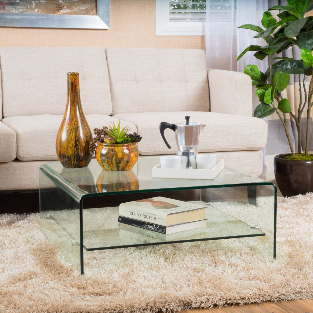 Tempered Glass Coffee Tables Throughout Well Known Classon Modern Square Tempered Glass Coffee Table With Shelf – Gdfstudio (Photo 3 of 15)