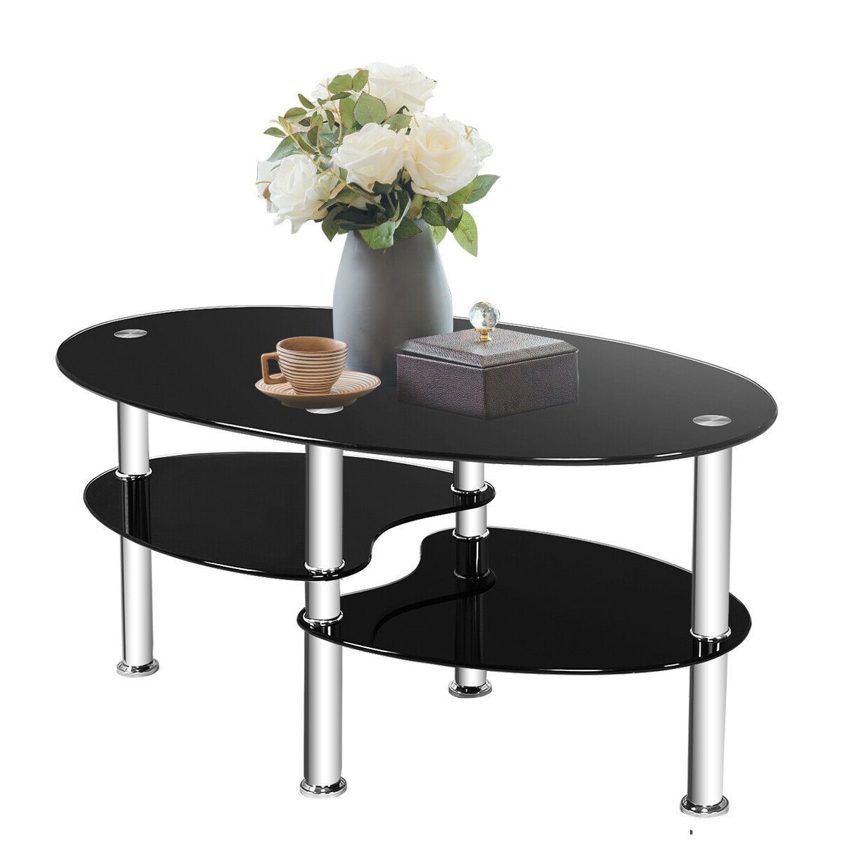 Tempered Glass Oval Side Tables With Popular Tempered Glass Oval Side Coffee Table Shelf Chrome Base Living Room (Photo 3 of 15)
