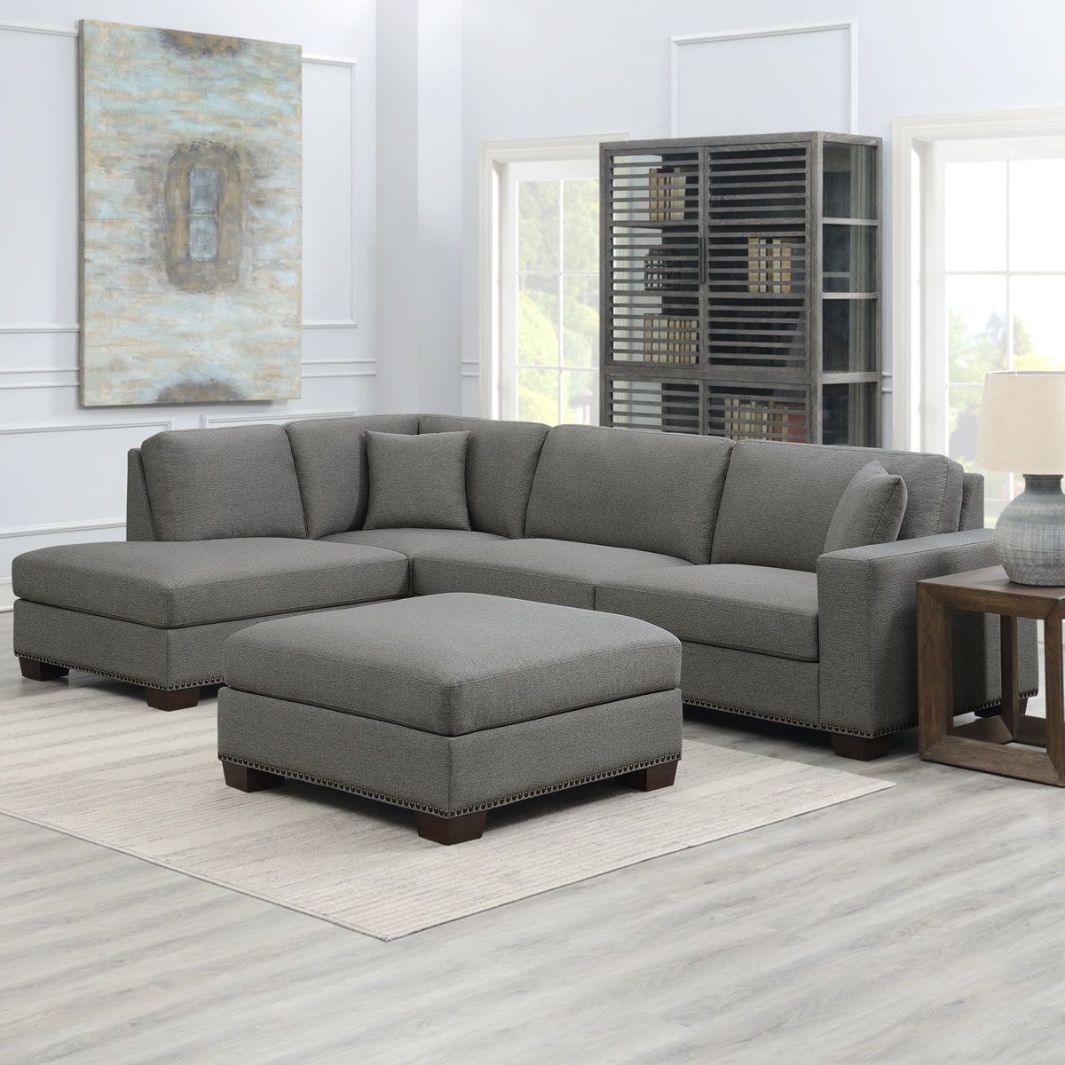 Thomasville Artesia Grey Fabric Sectional Sofa With Ottoman, Right In Current Sofas With Ottomans (View 9 of 15)
