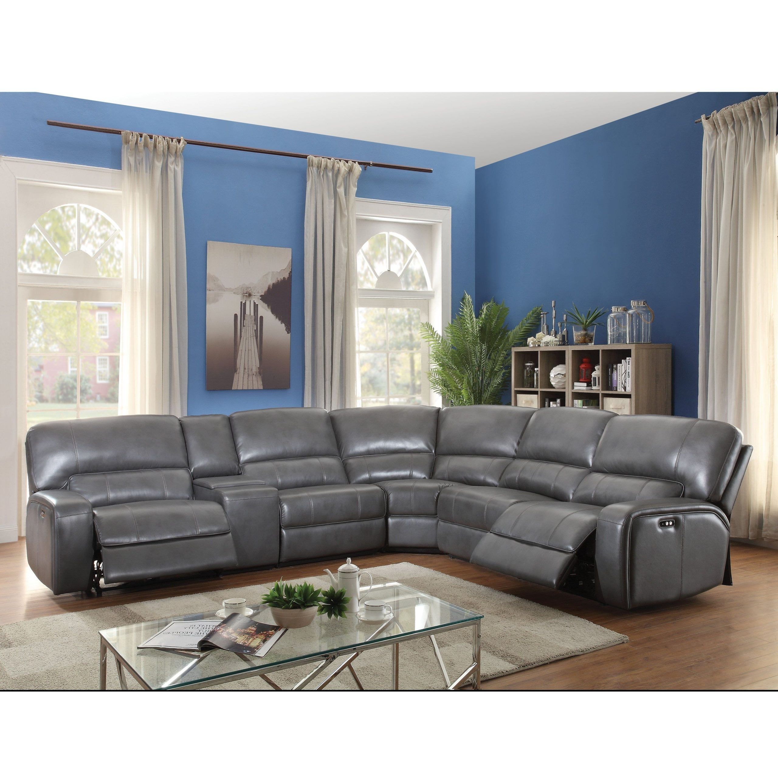 Trendy 3 Piece Leather Sectional Sofa Sets Throughout Acme Saul Sectional Sofa (power Motion/usb Dock), Gray Leather Aire (Photo 8 of 15)