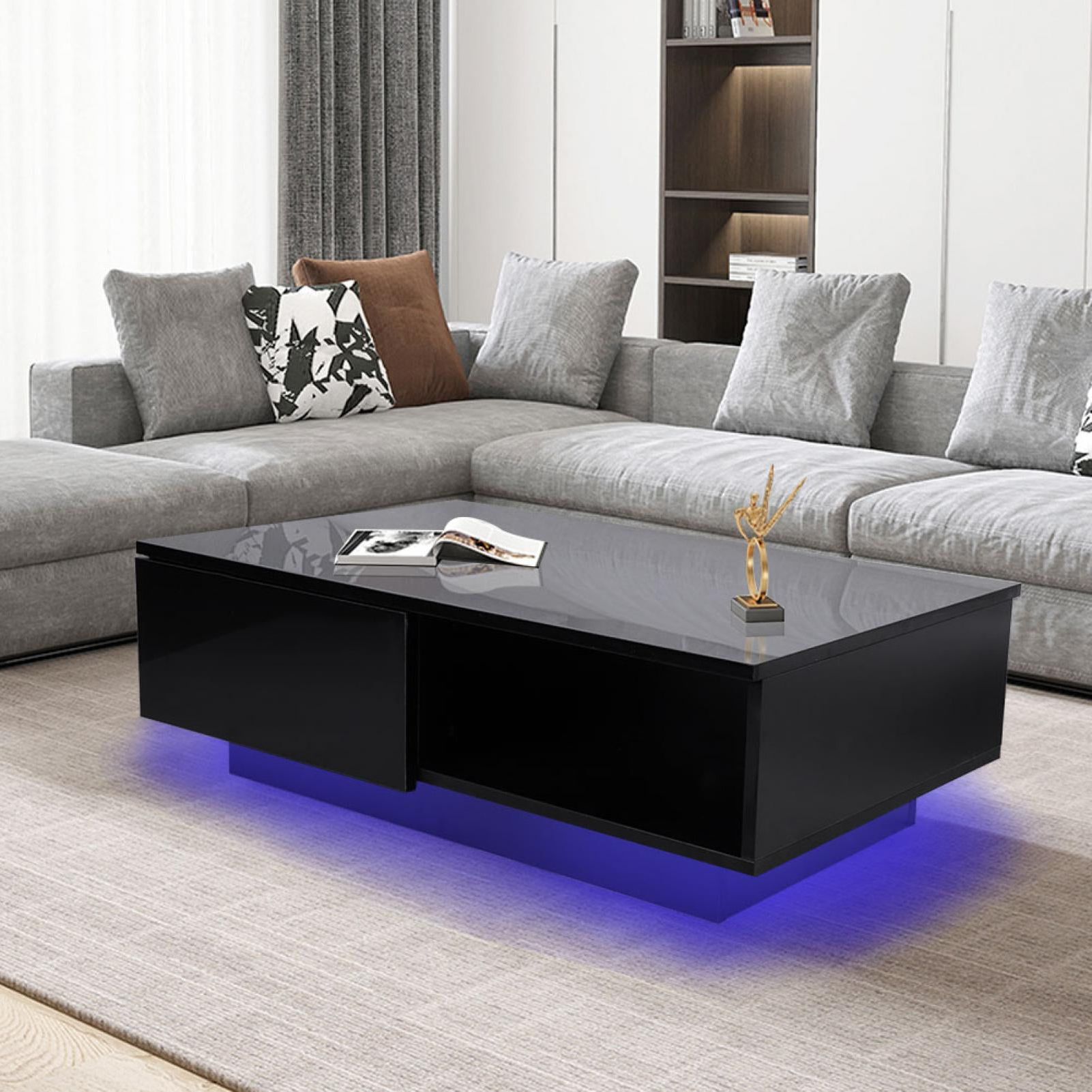 Trendy Ebtools Rectangle Led Coffee Table, Black Modern High Gloss Furniture With Coffee Tables With Drawers And Led Lights (Photo 3 of 15)