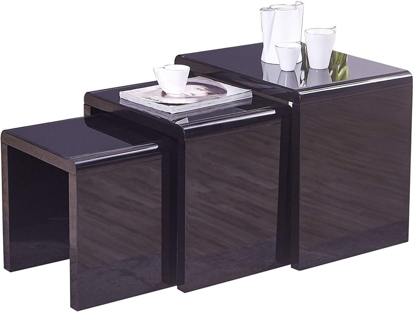 Trendy Mecor Nest Of 3 Tables High Gloss Nesting Tables Wood Coffee Table Pertaining To High Gloss Black Coffee Tables (Photo 15 of 15)