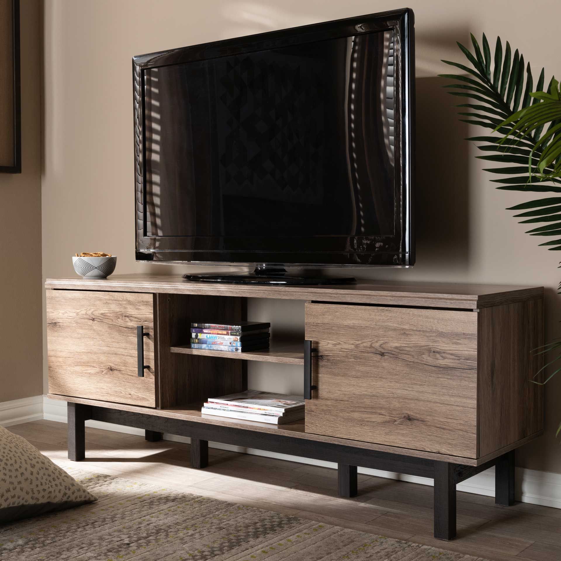 Trendy Tv Stands With 2 Doors And 2 Open Shelves Intended For Clean Lines And A Display Of Natural Wood Grains Make The Ariel Tv (View 3 of 15)