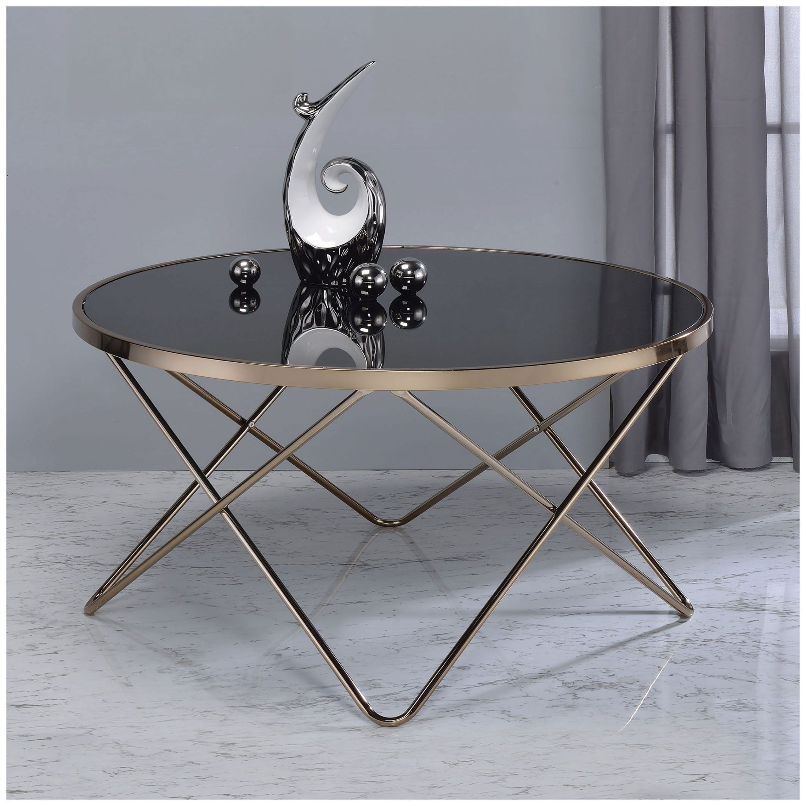 Trendy Urban Designs V Shaped Metal Frame Round Coffee Table – Black Glass Intended For Round Coffee Tables With Steel Frames (View 3 of 15)