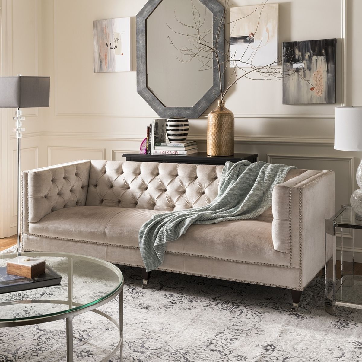 Tufted Upholstered Velvet Nailhead Sofa – Safavieh Pertaining To Well Known Tufted Upholstered Sofas (Photo 12 of 15)