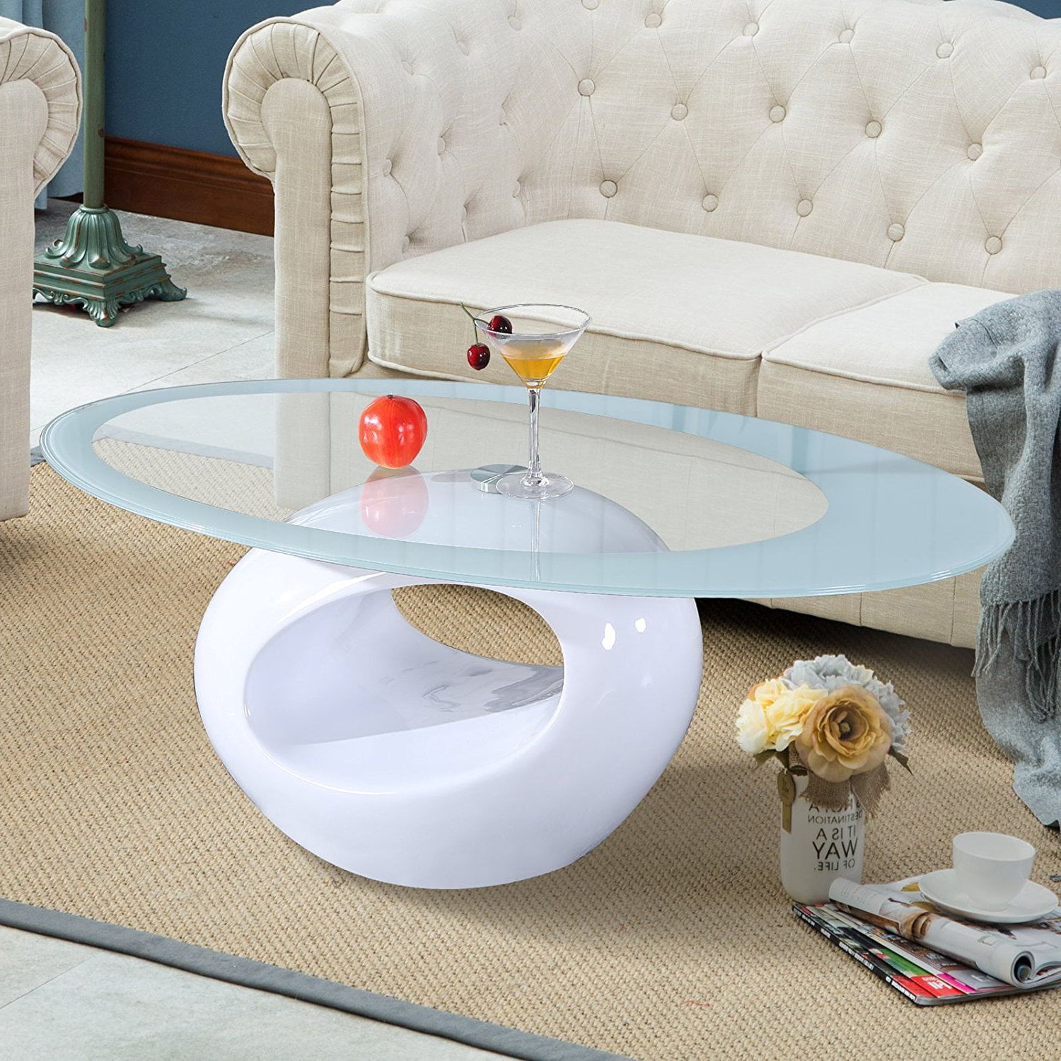 Uenjoy Coffee Table Living Room Furniture Contemporary Modern Design Regarding Most Recent Oval Glass Coffee Tables (View 5 of 15)