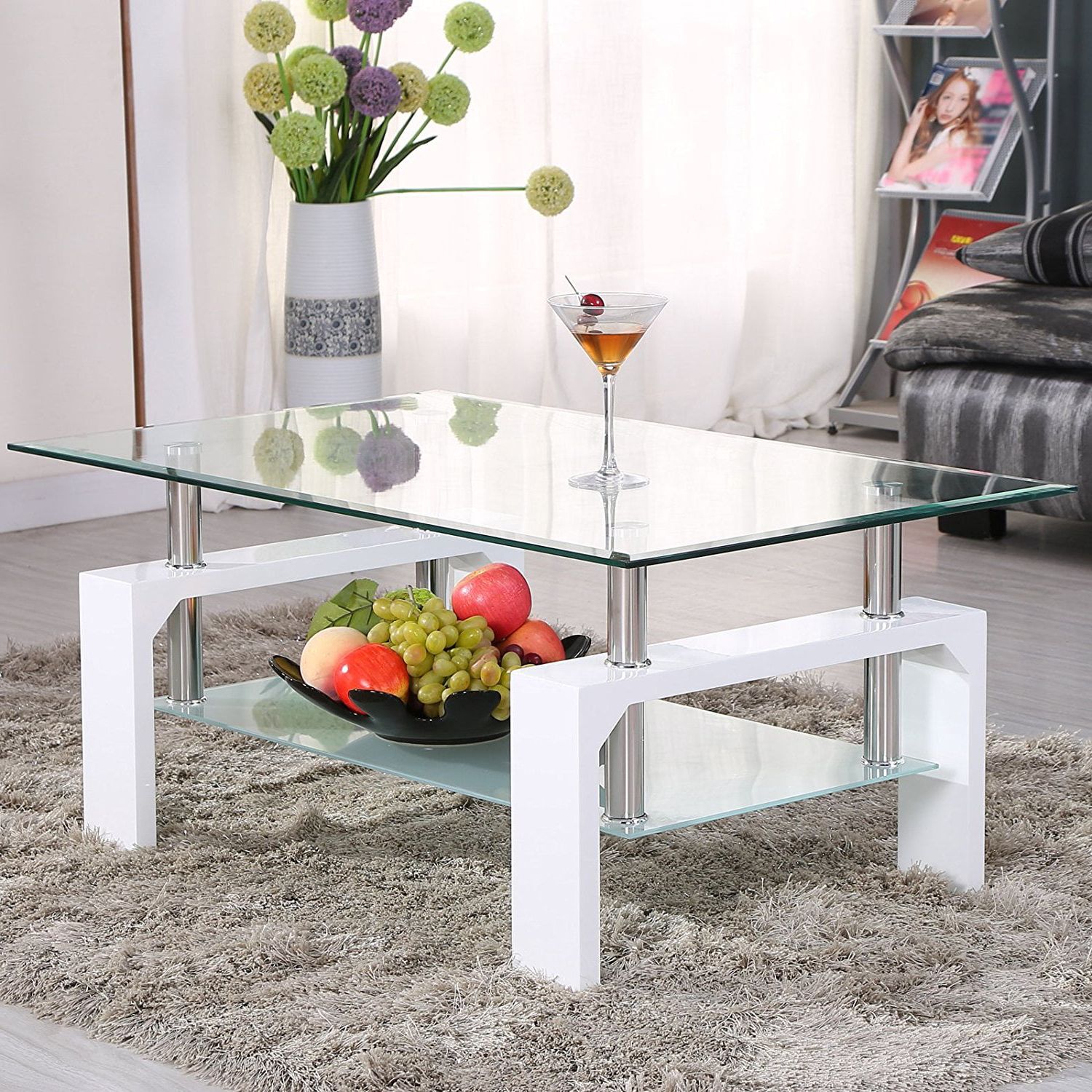 Uenjoy Rectangular Glass Coffee Table Shelf Chrome White Wood Living With Regard To Popular Wood Tempered Glass Top Coffee Tables (Photo 14 of 15)