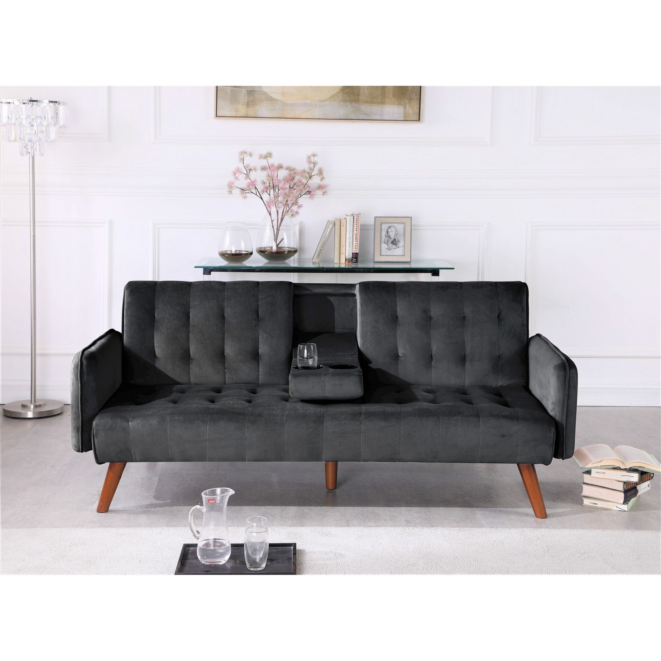 Us Pride Tufted Convertible Velvet Sofa Bed With Cup Holder – Overstock Regarding Well Liked 66" Convertible Velvet Sofa Beds (View 10 of 15)