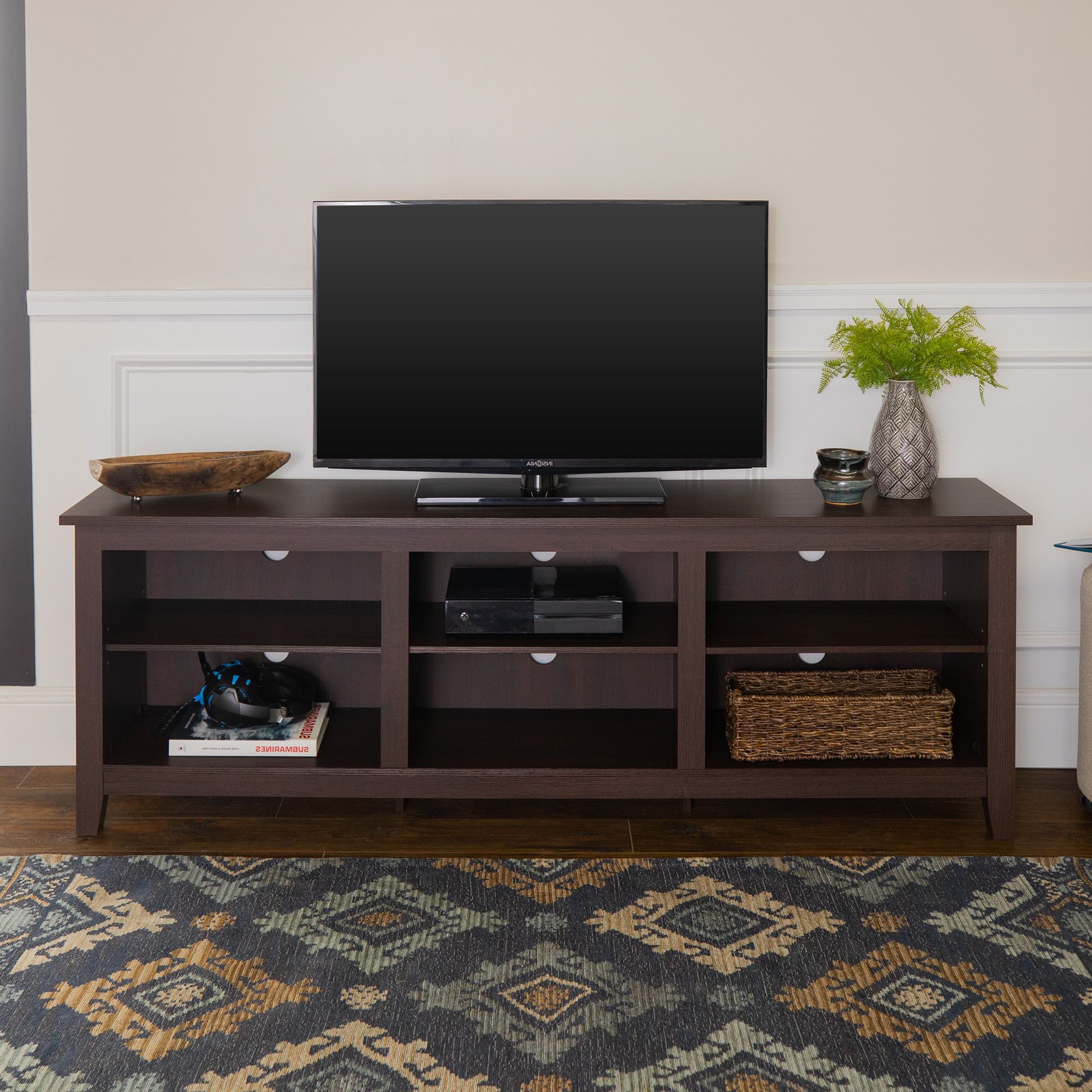 Walker Edison Wood Tv Media Storage Stand For Tvs Up To 70" – Espresso Intended For Widely Used 110" Tvs Wood Tv Cabinet With Drawers (View 4 of 15)