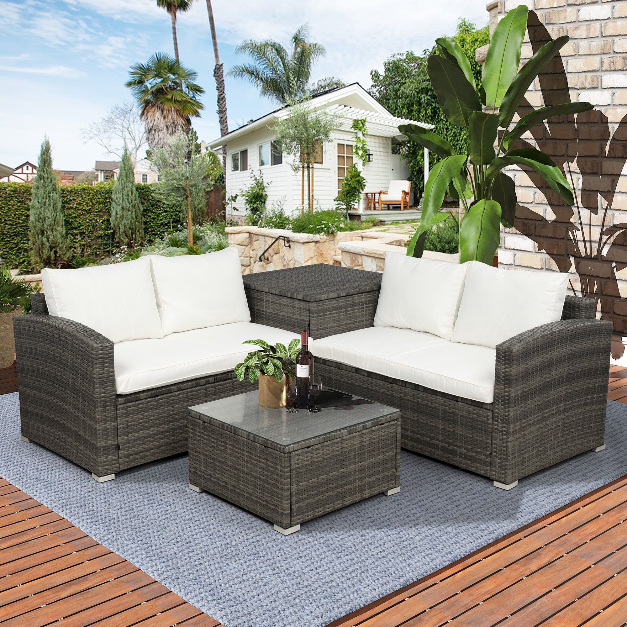 Well Known 4pcs Rattan Patio Coffee Tables Regarding 4 Piece Rattan Patio Furniture Sets, Wicker Bistro With Ottoman Coffee (Photo 5 of 15)