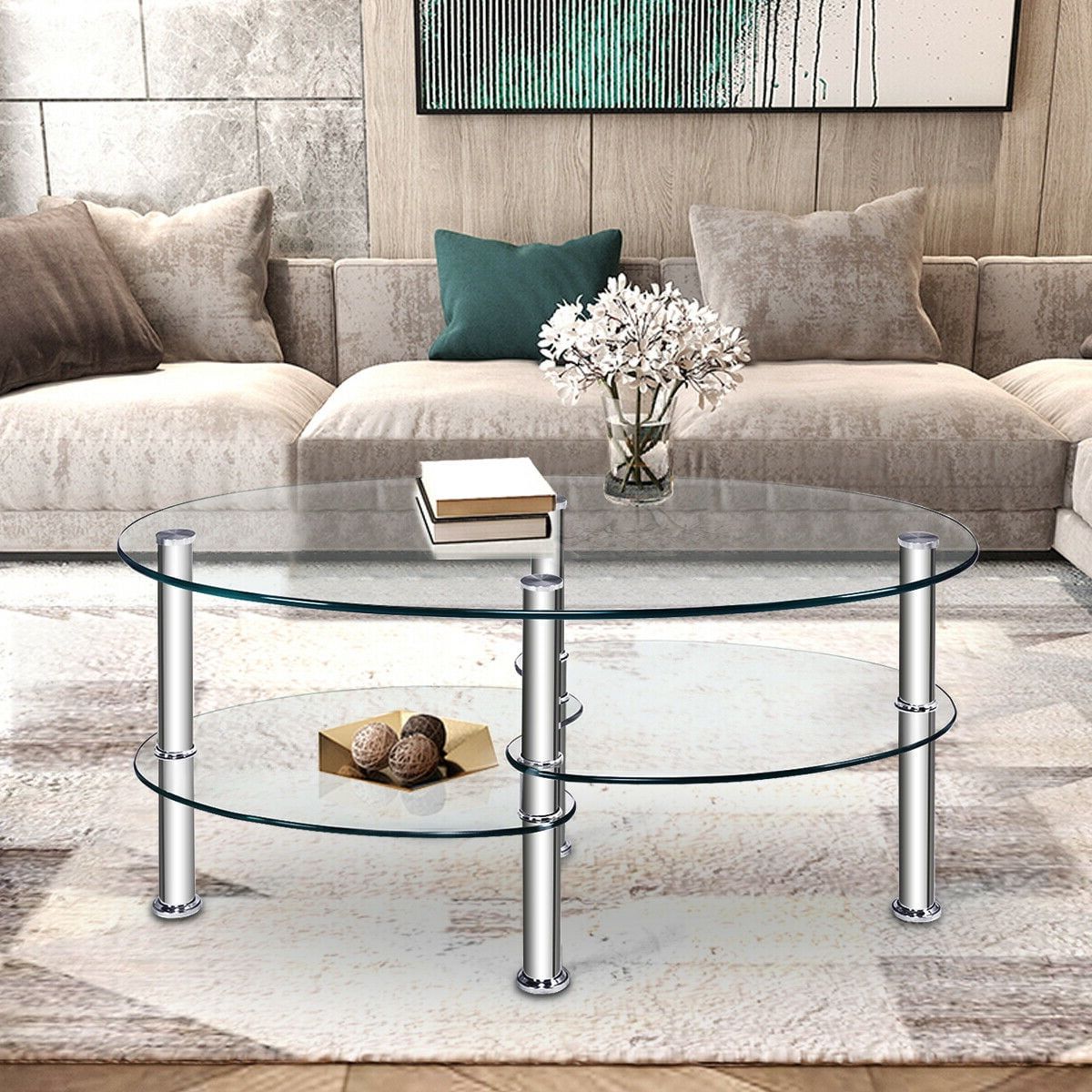 Well Known Costway Tempered Glass Oval Side Coffee Table Shelf Chrome Base Living Inside Glass Coffee Tables With Lower Shelves (Photo 11 of 15)