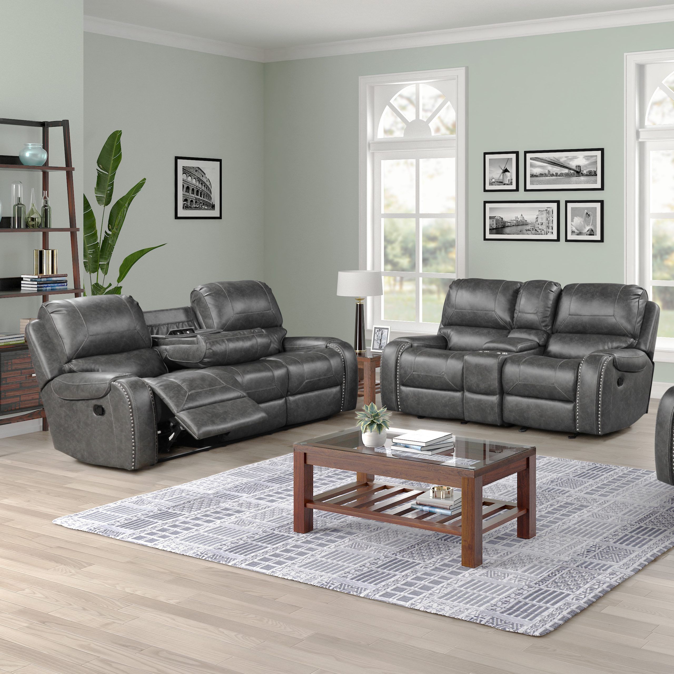 Well Known Dark Grey Loveseat Sofas Intended For Achern Gray Leather Air Nailhead Manual Reclining Sofa And Loveseat (Photo 11 of 15)