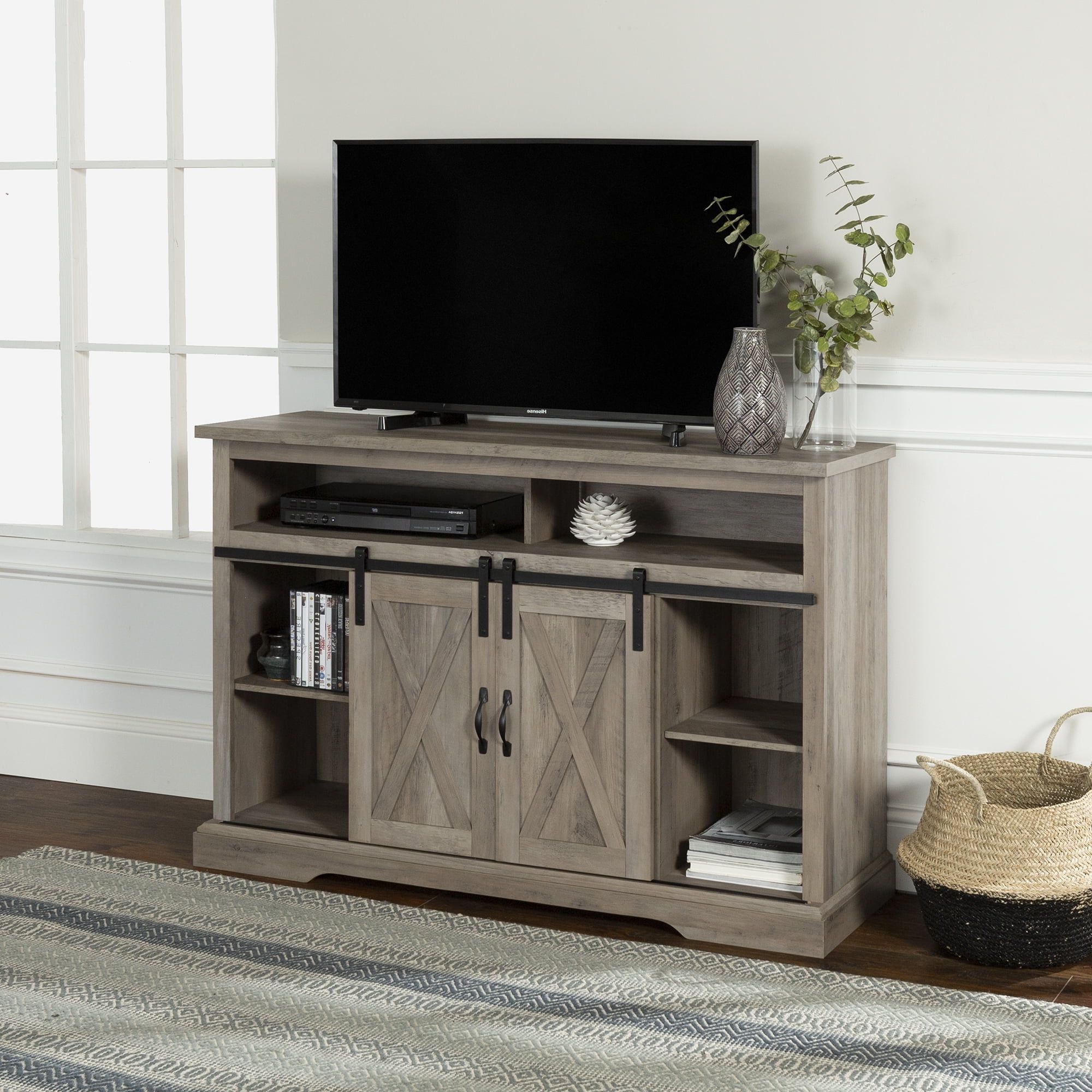 Well Known Farmhouse Tv Stands Pertaining To Manor Park Farmhouse Barn Door Tv Stand For Tvs Up To 58", Grey Wash (Photo 15 of 15)