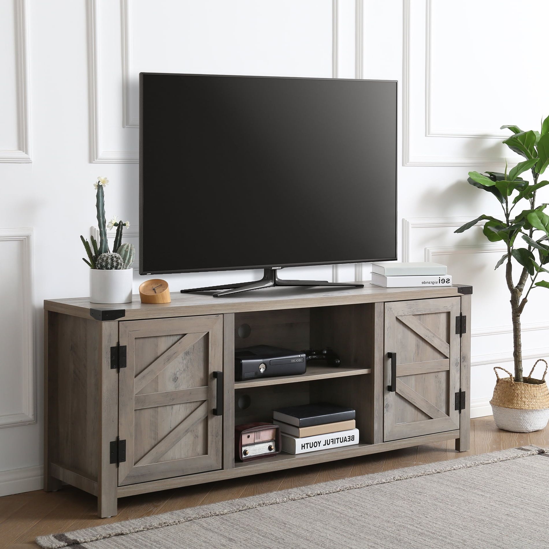 Well Known Fitueyes Farmhouse Barn Door Wood Tv Stands For 70'' Flat Screen, Media Throughout Farmhouse Media Entertainment Centers (View 14 of 15)