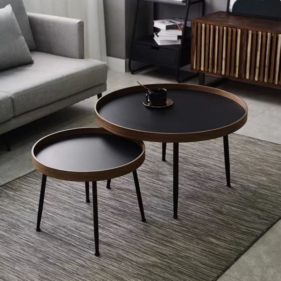 Well Known Full Black Round Coffee Tables Throughout Addison Black Walnut Round Nesting Coffee Tables — Wholesale Antique (View 8 of 15)