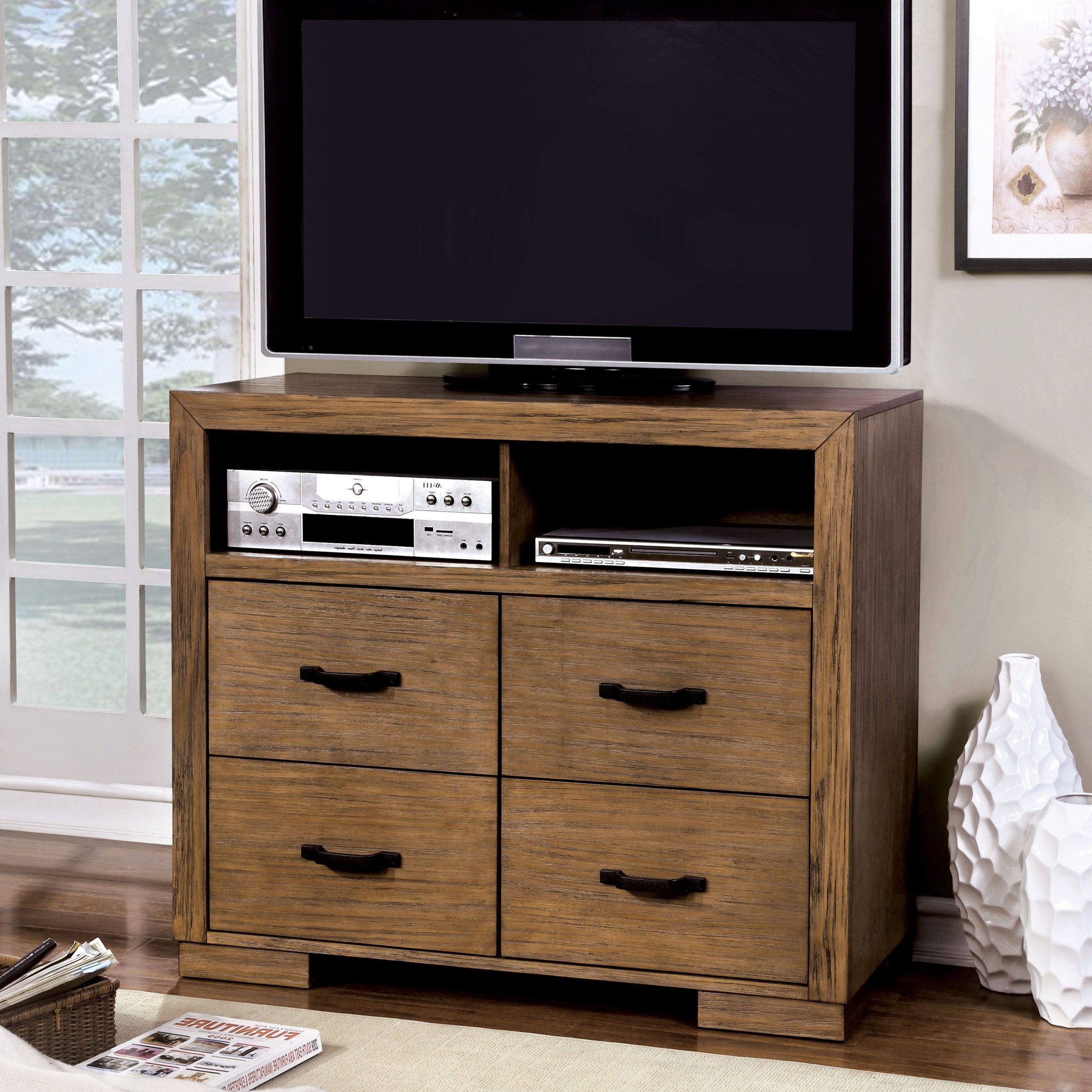 Well Known Furniture Of America Redik Transitonal Style 4 Drawer Media Chest With Regard To 110" Tvs Wood Tv Cabinet With Drawers (View 11 of 15)