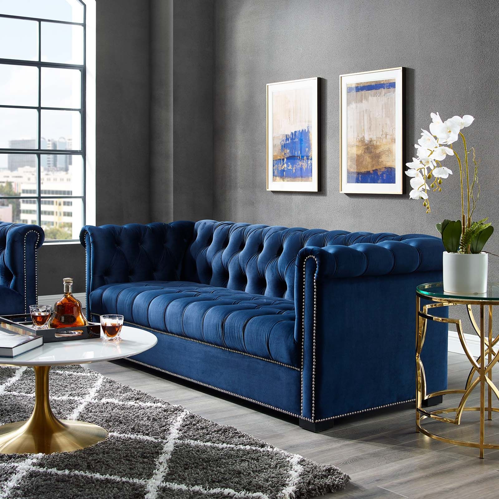 Well Known Heritage Upholstered Velvet Sofa Midnight Bluemodway Regarding Sofas In Blue (View 2 of 15)