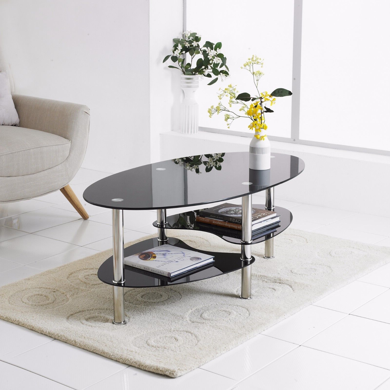Well Known Modern Rectangle Oval Glass & Chrome Living Room Coffee Table With With Regard To Glass Coffee Tables With Lower Shelves (View 3 of 15)