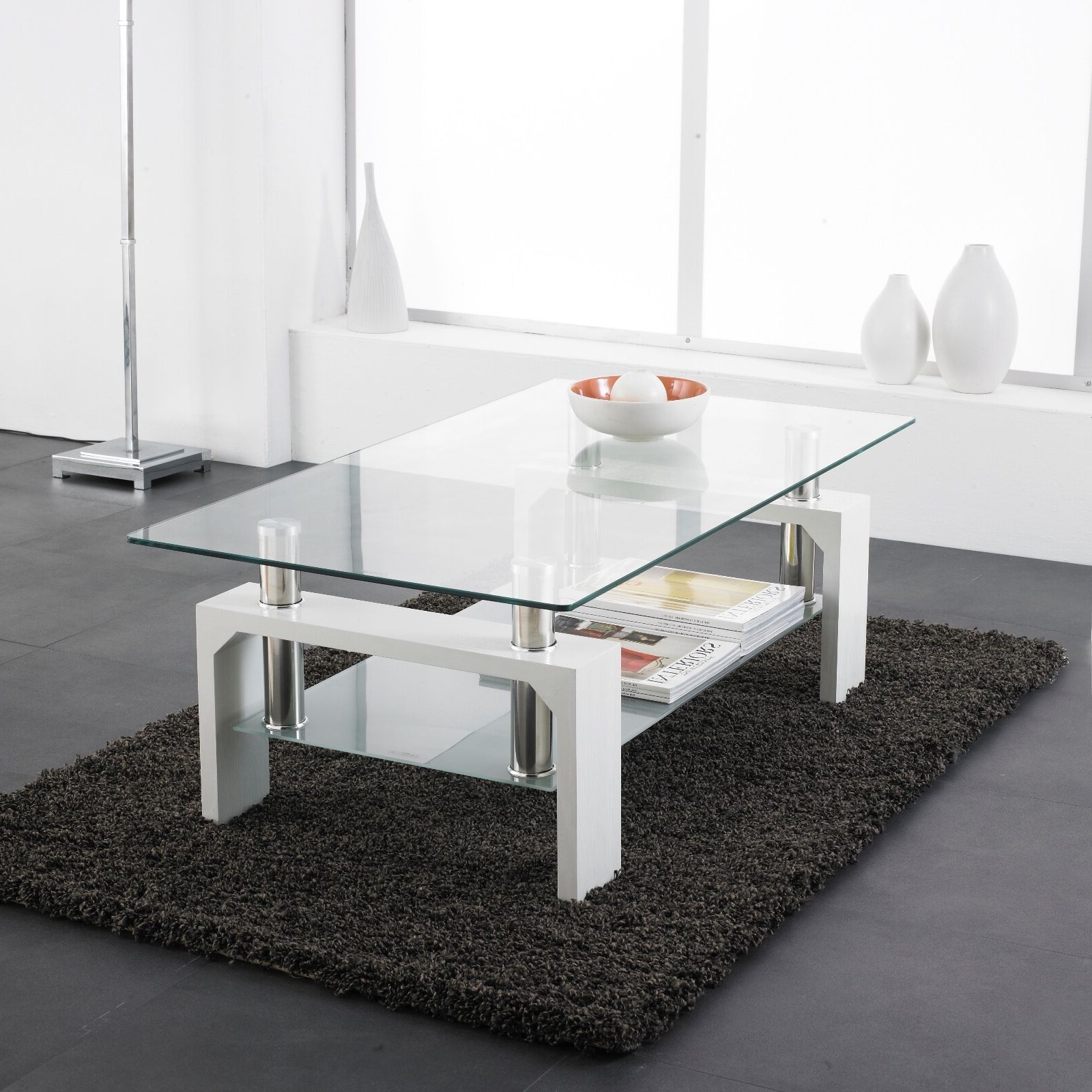 Well Known White Modern Rectangle Glass & Chrome Living Room Coffee Table With Pertaining To Glass Coffee Tables With Lower Shelves (Photo 2 of 15)