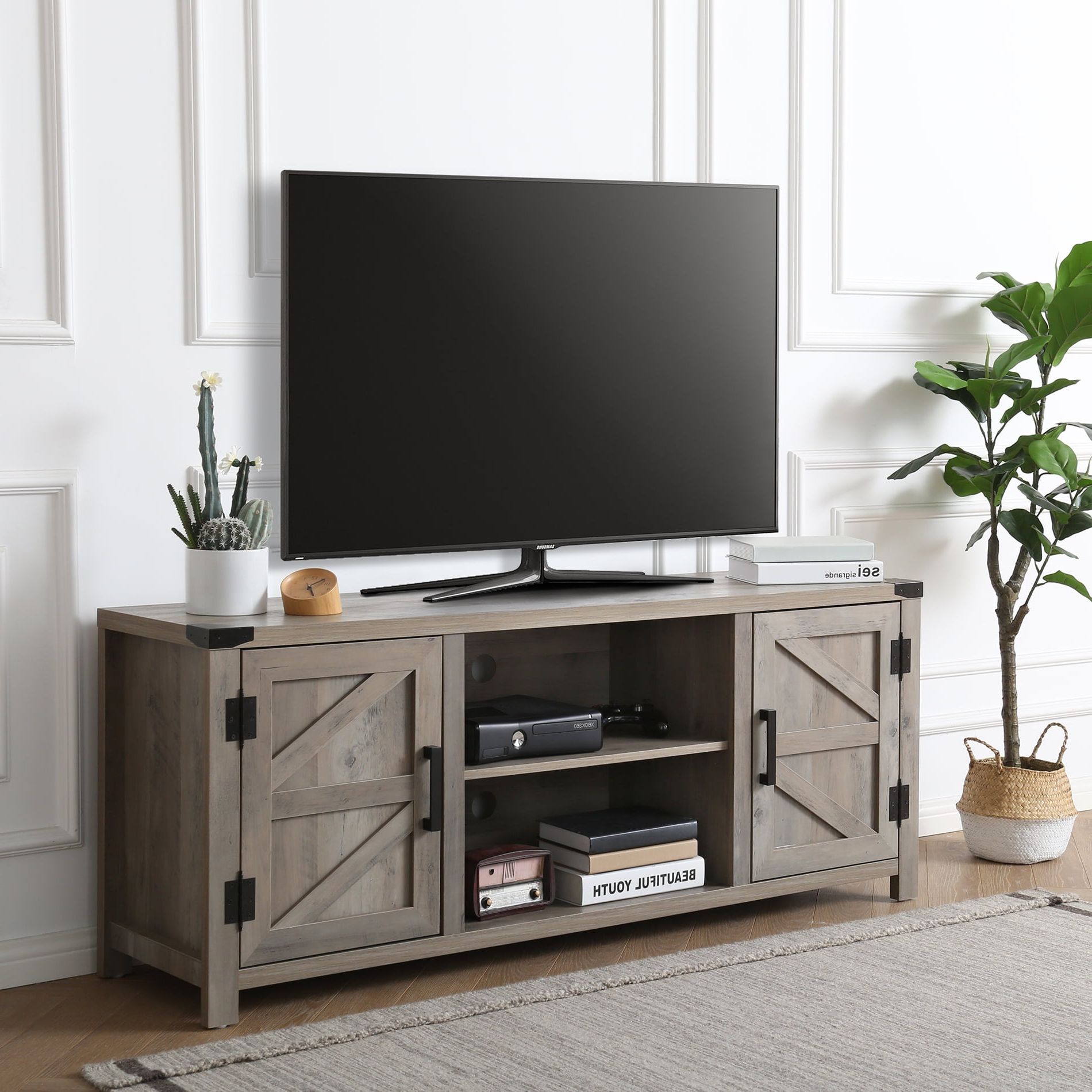 Well Liked Fitueyes Farmhouse Barn Door Wood Tv Stands For 70'' Flat Screen, Tv Pertaining To Farmhouse Tv Stands For 70 Inch Tv (Photo 3 of 15)