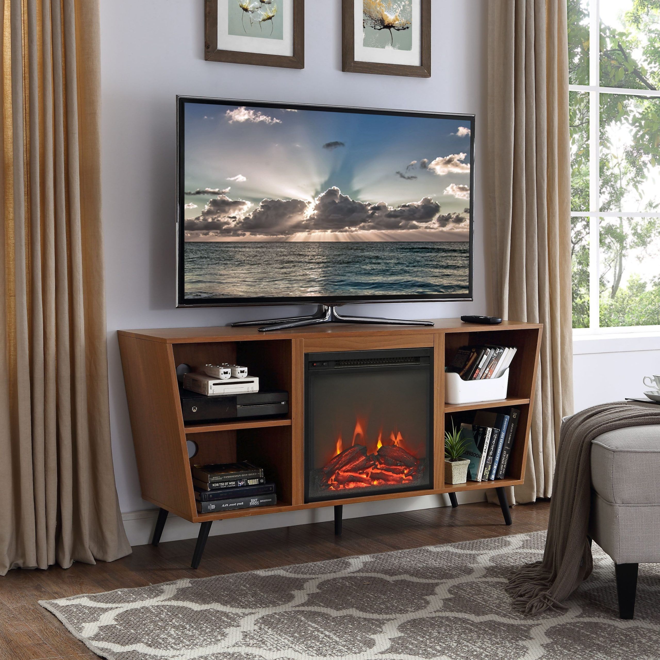 Well Liked Modern Fireplace Tv Stands Throughout Mid Century Modern 52 Inch Angled Side Fireplace Tv Stand – Walmart (Photo 1 of 15)