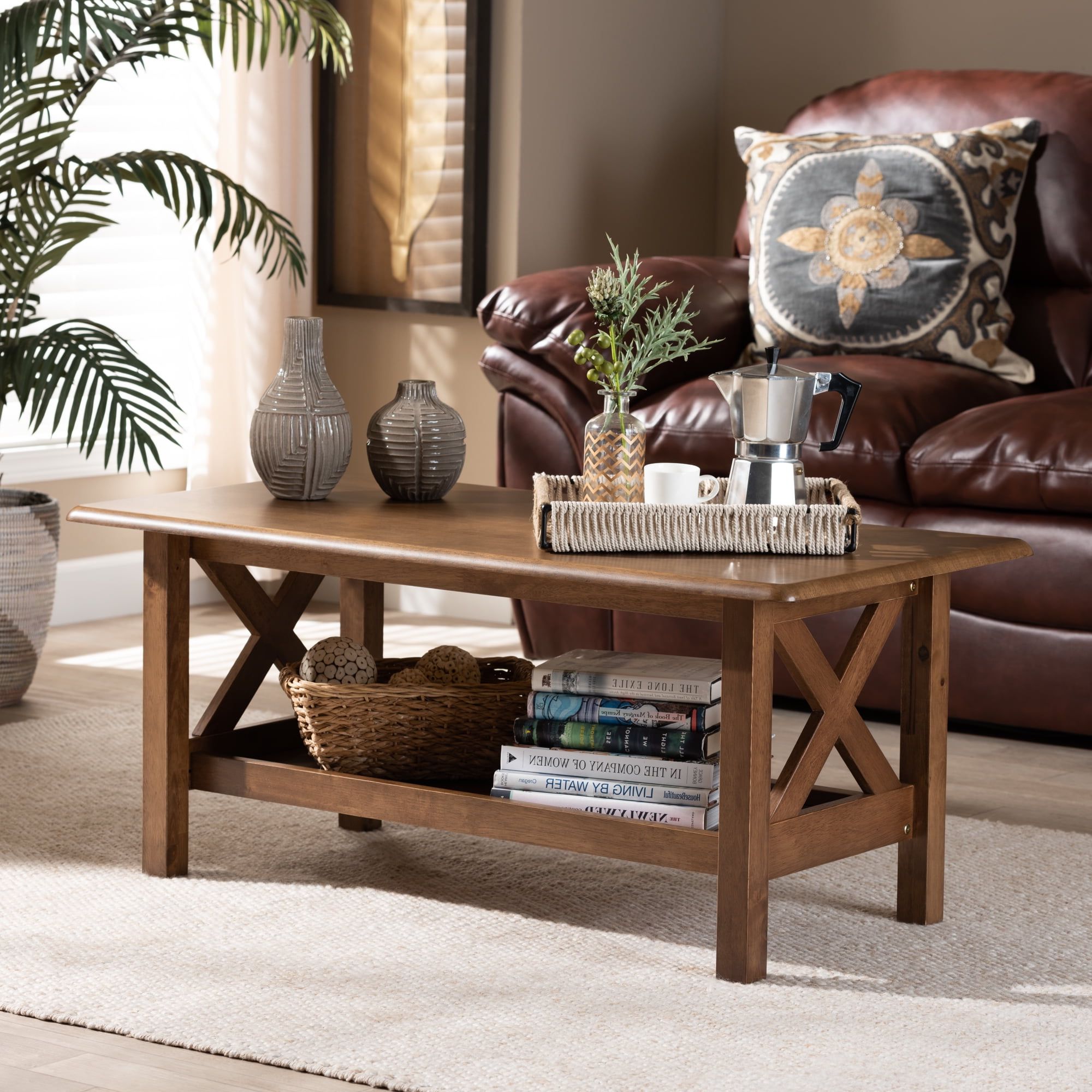 Well Liked Rectangular Coffee Tables With Pedestal Bases Inside Baxton Studio Reese Traditional Transitional Walnut Brown Finished (Photo 4 of 15)
