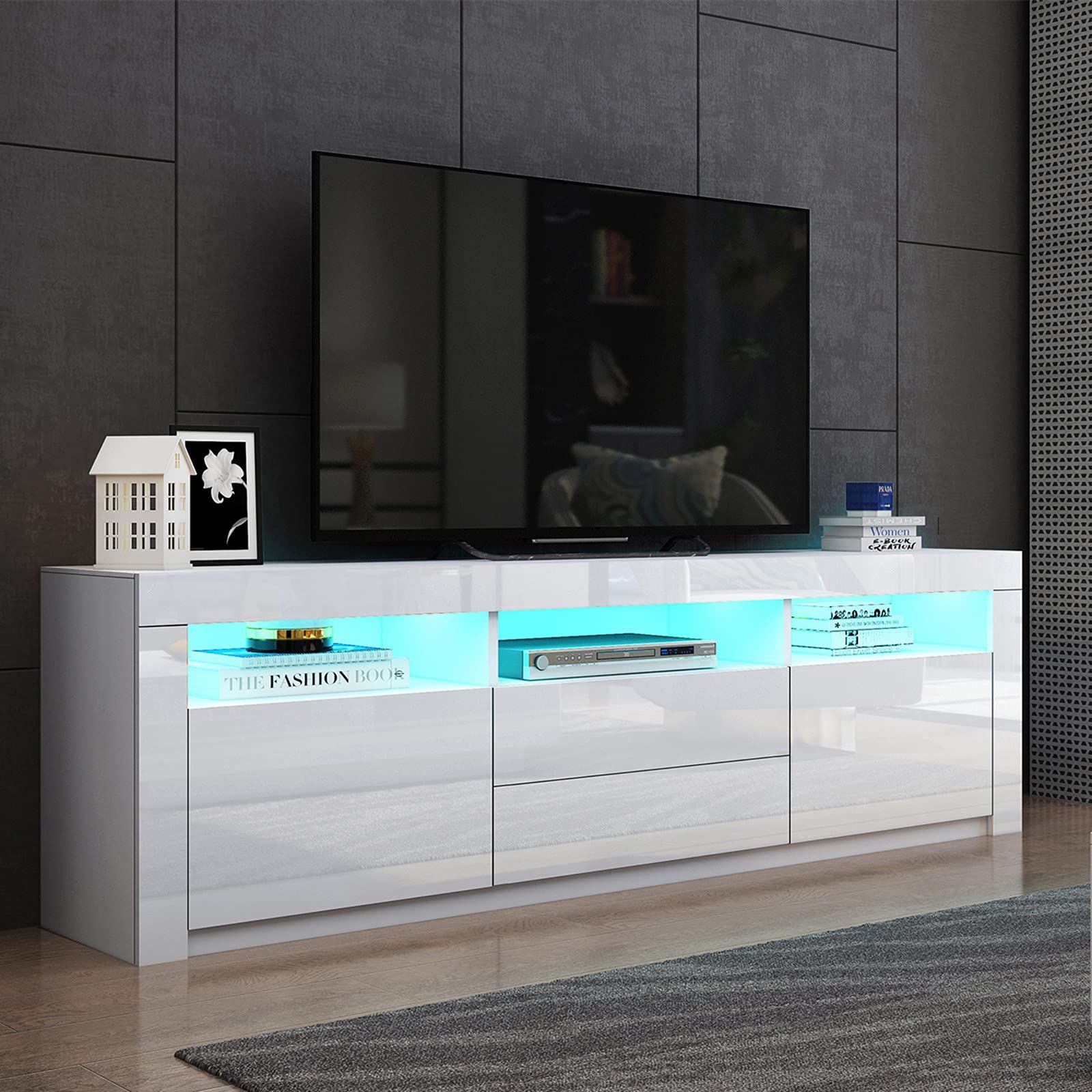 Well Liked Tv Stands With 2 Doors And 2 Open Shelves Inside Led Tv Stand Cabinet, White Gloss Tv Unit With Led Lights, Modern High (Photo 1 of 15)