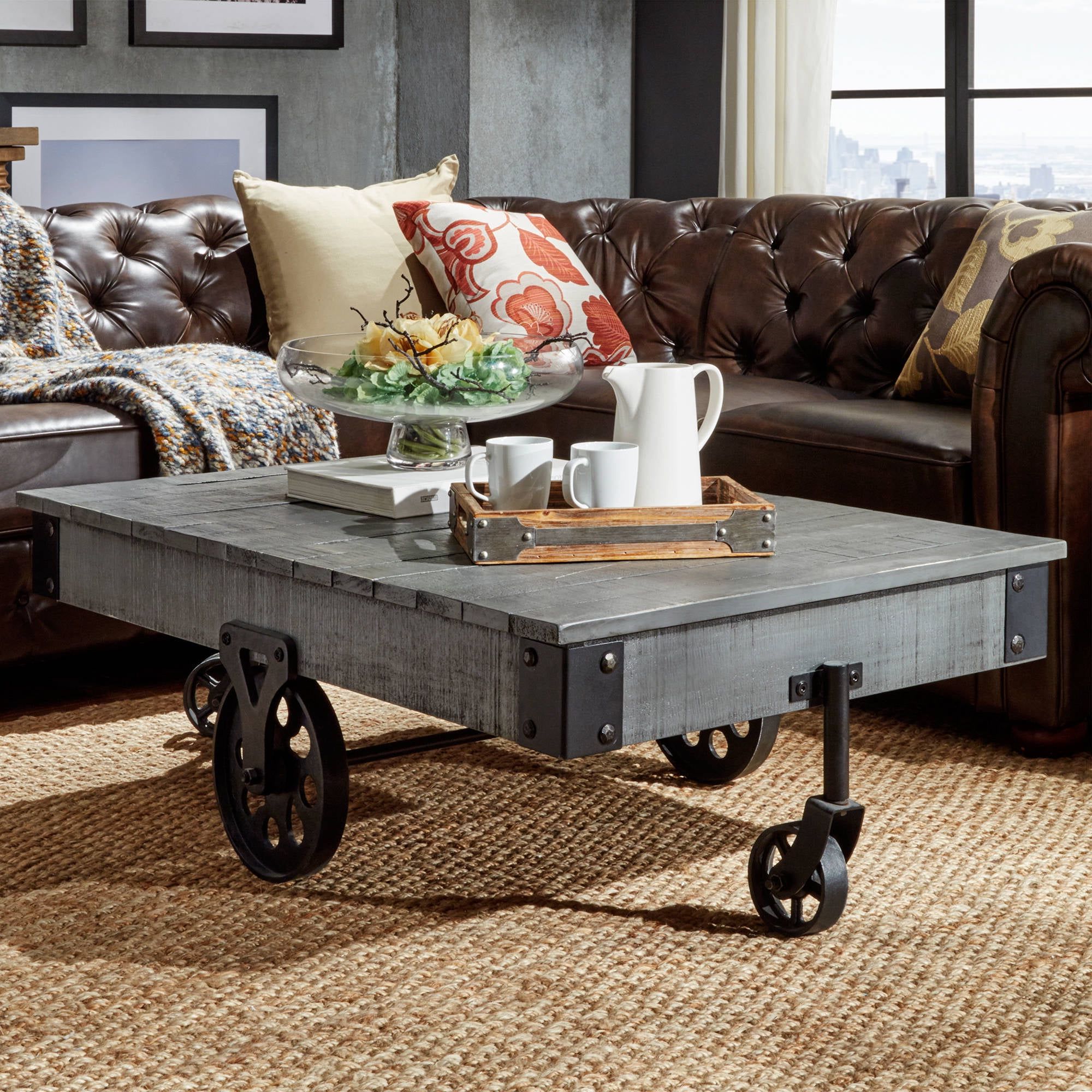 Weston Home Metal Supports Cocktail Table With Functional Wheels, Grey Regarding Current Gray Coastal Cocktail Tables (View 10 of 15)