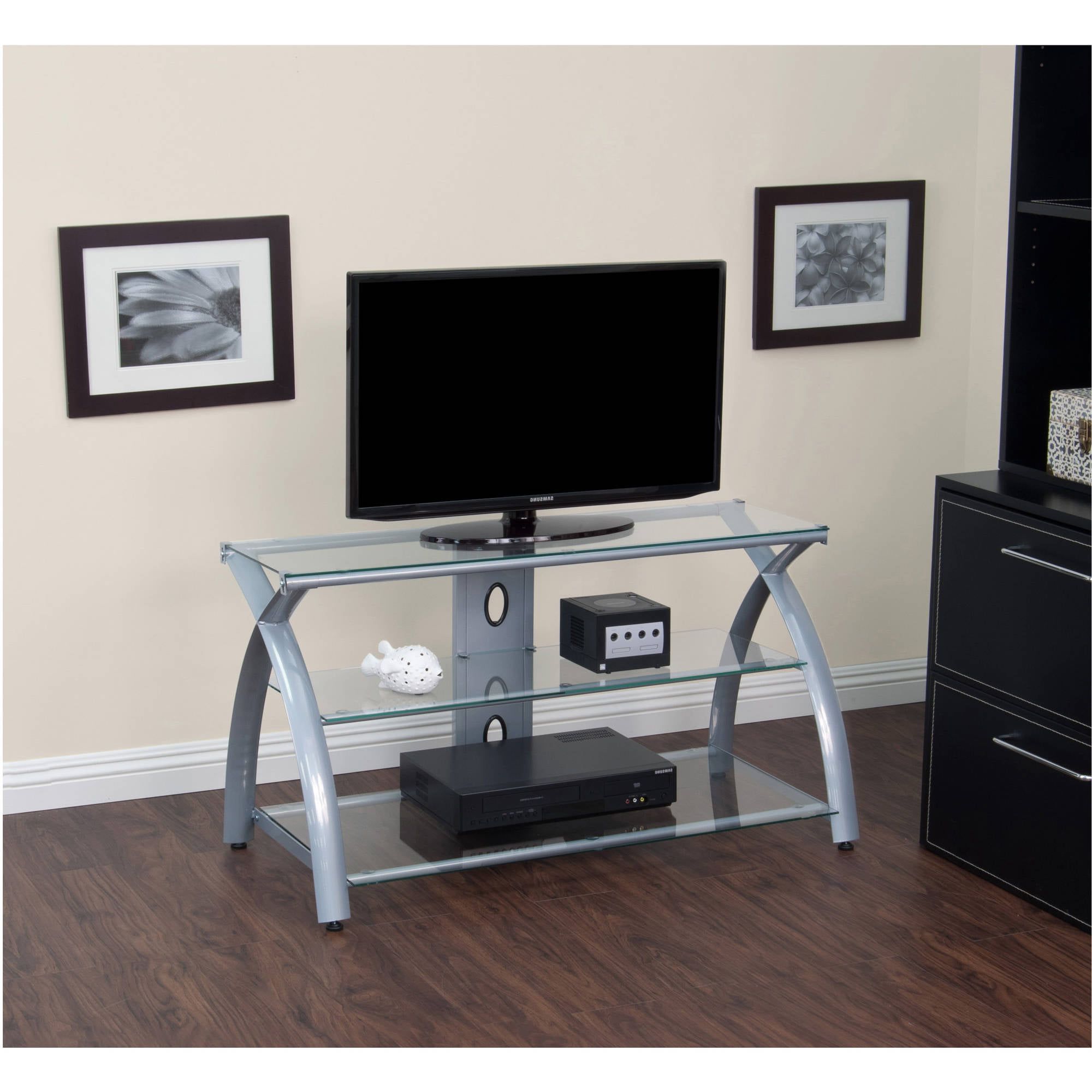 Widely Used Glass Shelves Tv Stands Pertaining To Calico Designs Futura 42" Wide 3 Shelf Tv Stand In Silver / Clear Glass (Photo 9 of 15)