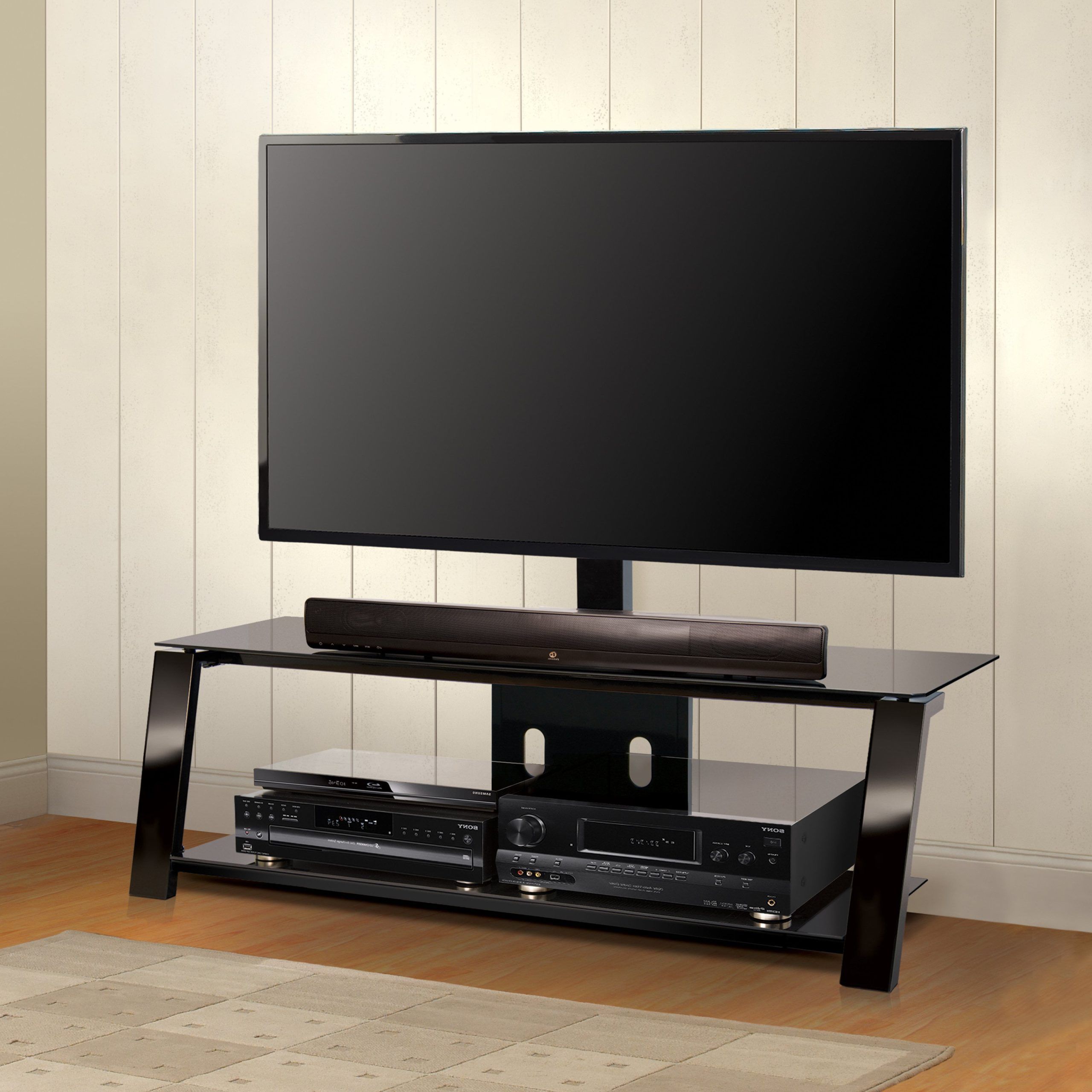 Widely Used Stand For Flat Screen With Regard To Bello Triple Play 52 In. Universal Flat Panel Tv Stand – Black (Photo 1 of 15)