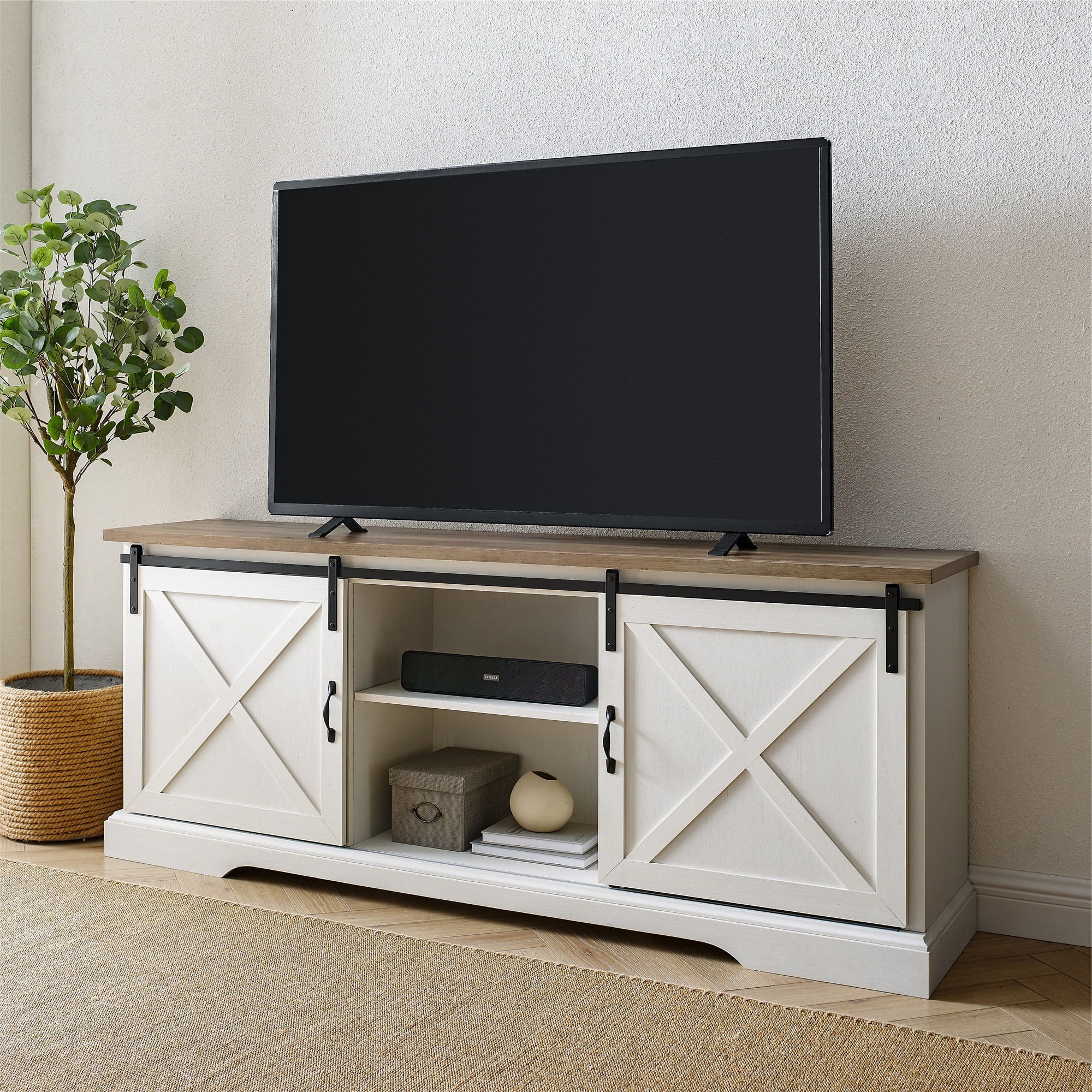Widely Used White Tv Stands Entertainment Center With Manor Park Sliding Door Tv Stand For Tvs Up To 80", White/barnwood (Photo 9 of 15)