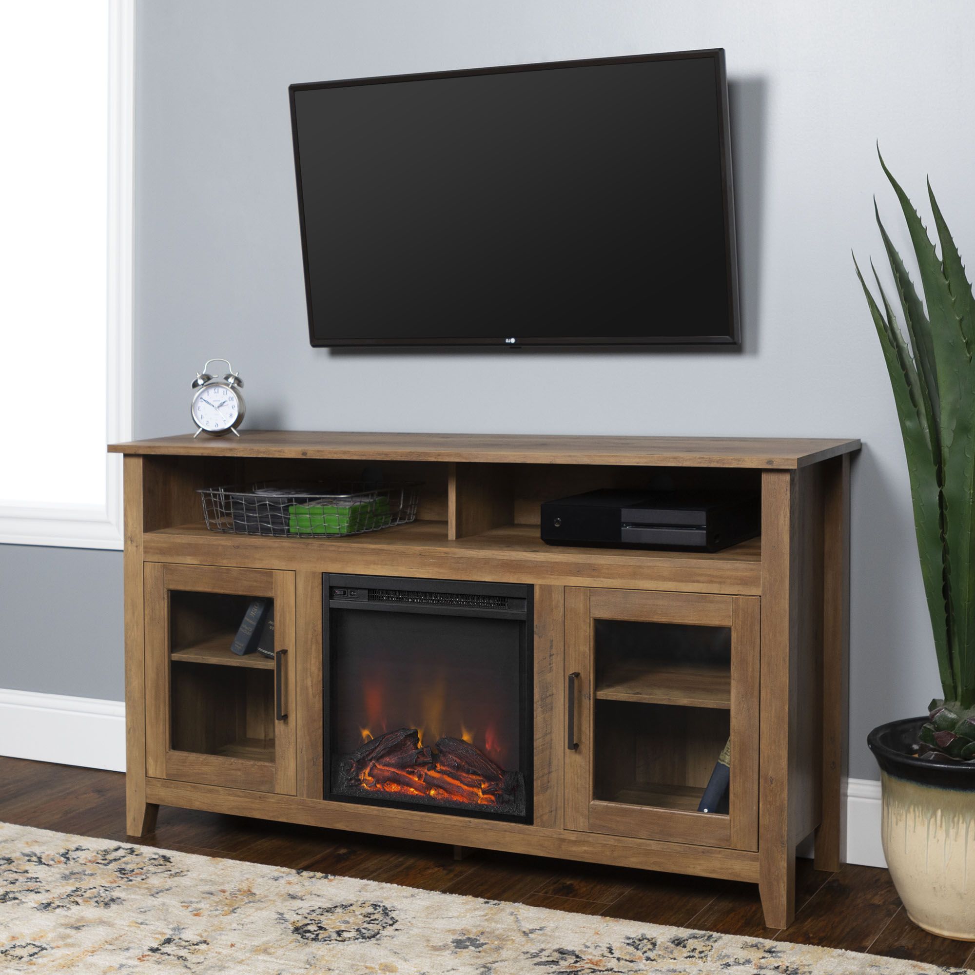 Widely Used Wood Highboy Fireplace Tv Stands Throughout 58" Wood Highboy Fireplace Tv Stand – Rustic Oak  (View 11 of 15)