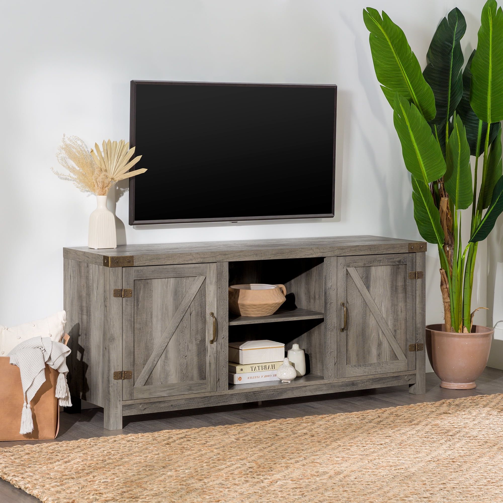 Woven Paths Modern Farmhouse Barn Door Tv Stand For Tvs Up To 65″, Grey Within Well Known Modern Farmhouse Barn Tv Stands (Photo 13 of 15)