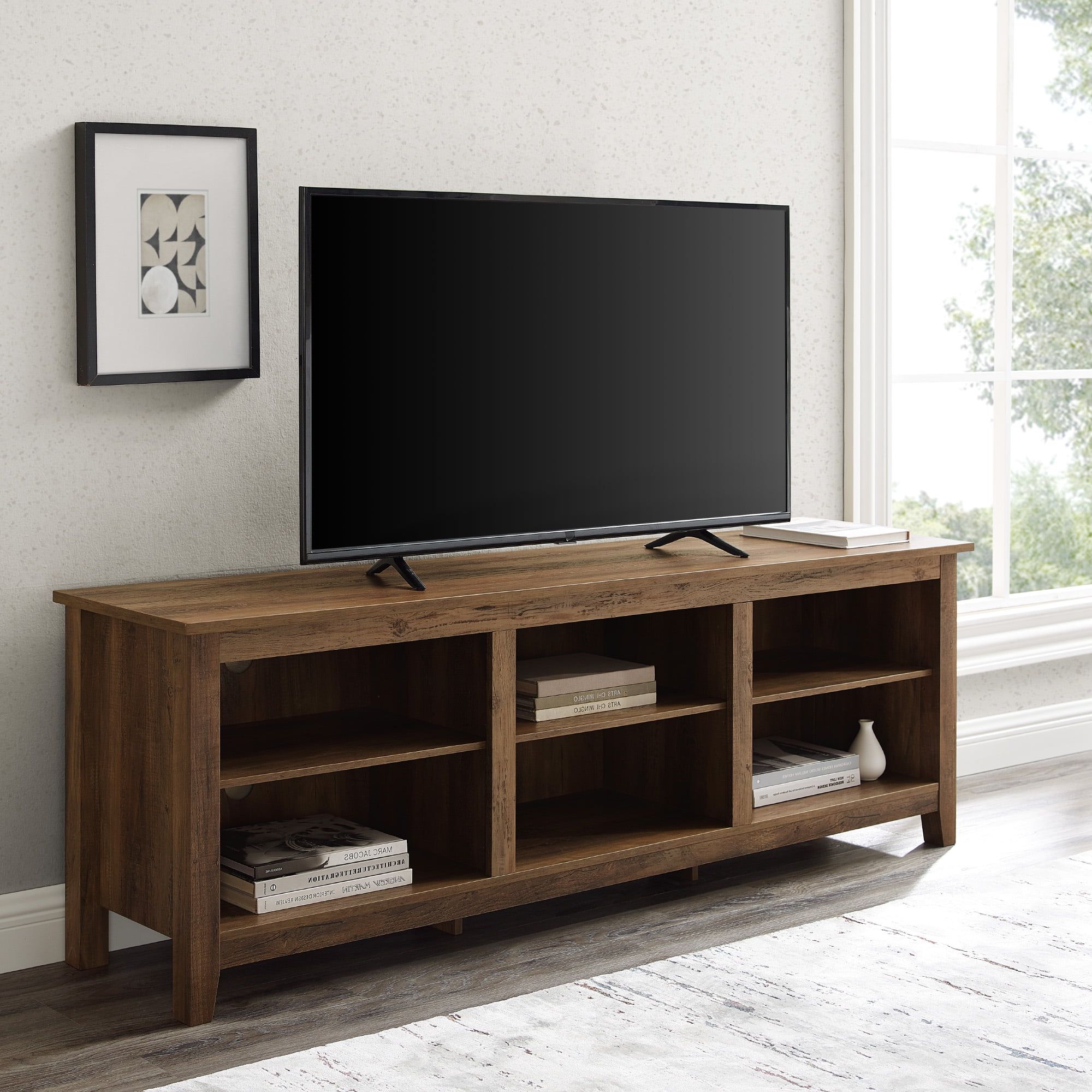 Woven Paths Open Storage Tv Stand For Tvs Up To 80", Reclaimed Barnwood With Regard To 2020 Cafe Tv Stands With Storage (Photo 8 of 15)