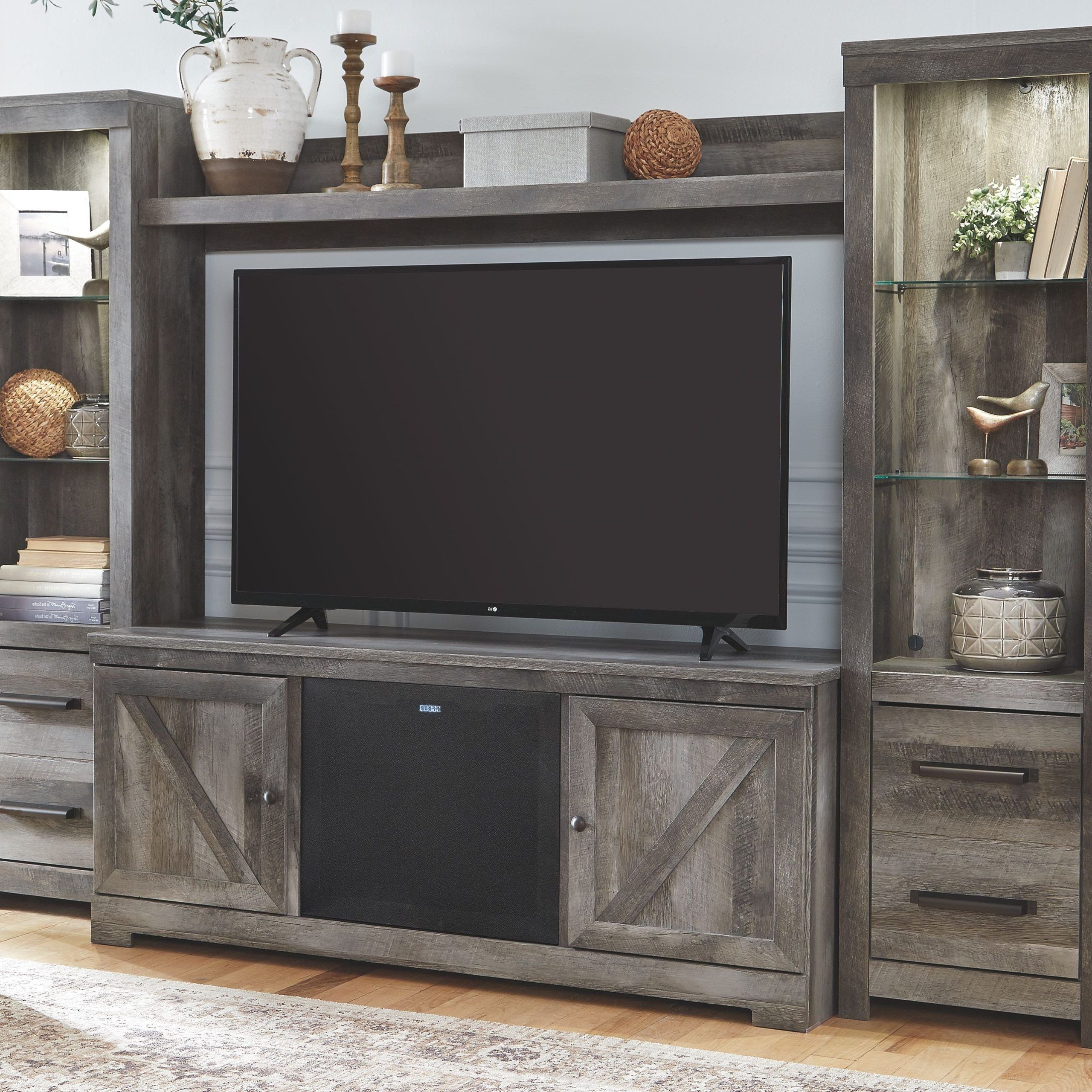 Wynnlow – Gray – Entertainment Center – Lg Tv Stand, 2 Piers, Bridge Within 2019 Entertainment Units With Bridge (View 3 of 15)