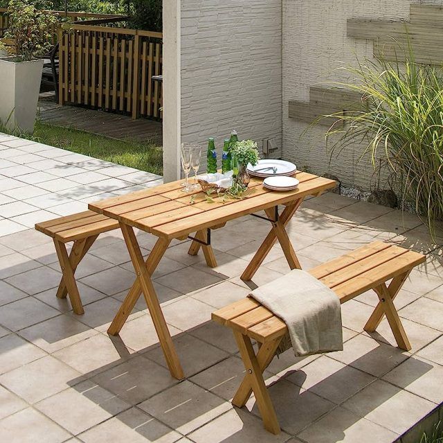 15 Collection of Outdoor Terrace Bench Wood Furniture Set